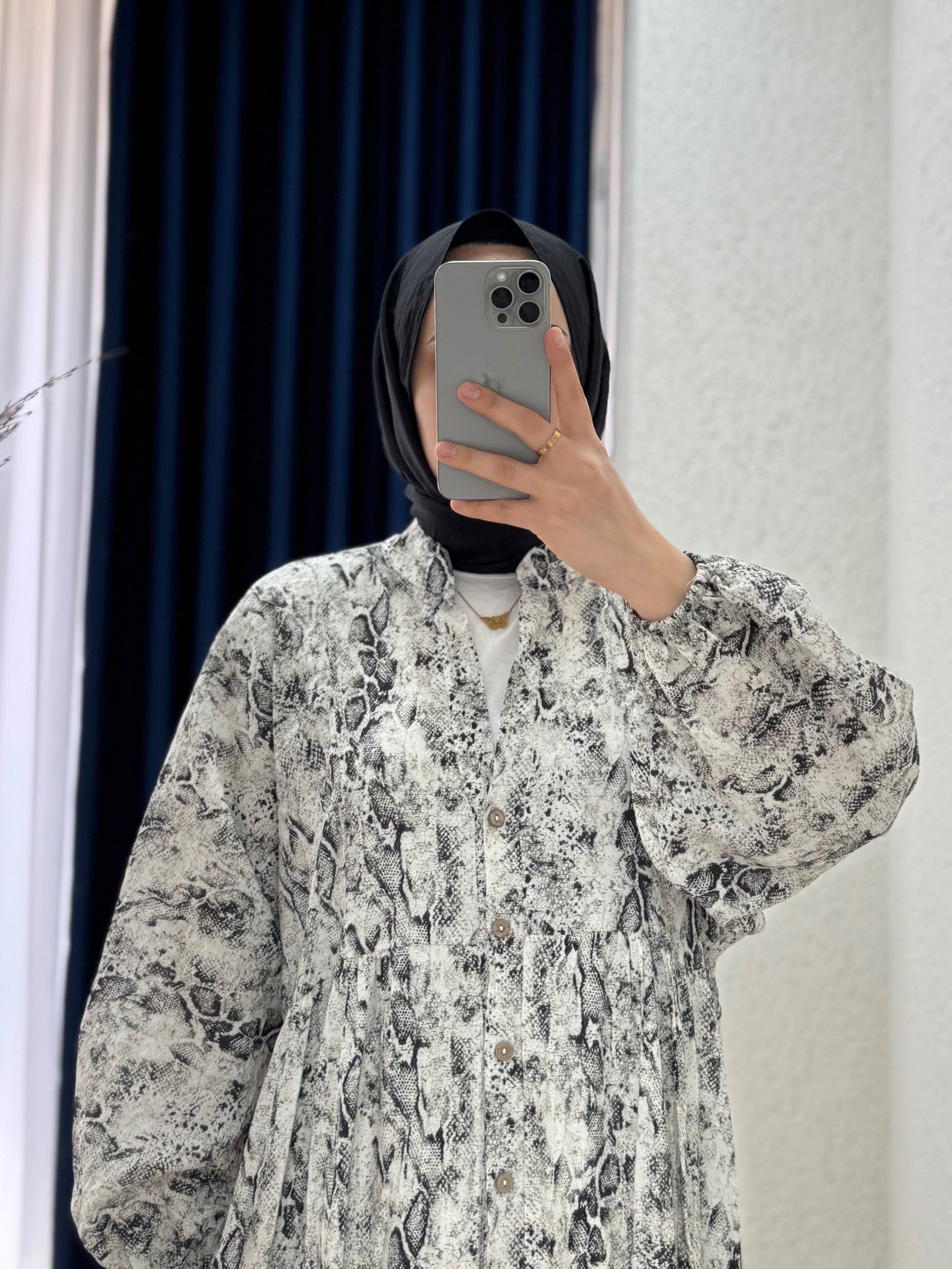Serina Desenli Elbise-SA2559 Siyah