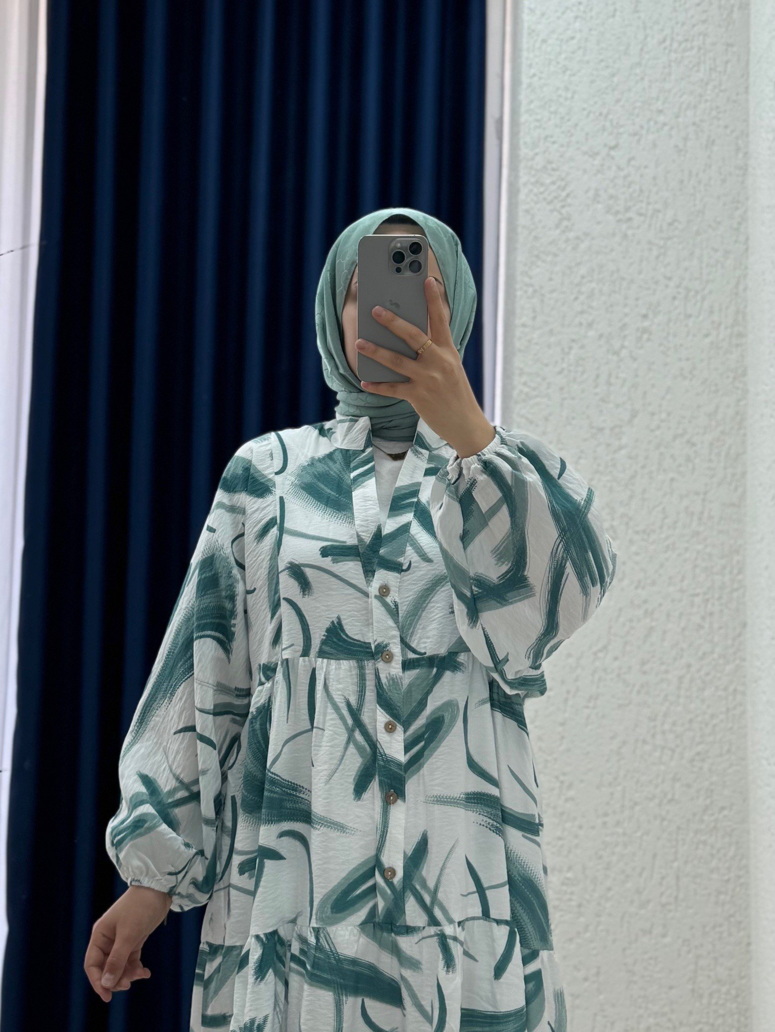 Serina Desenli Elbise-SA2559 Su Yeşili