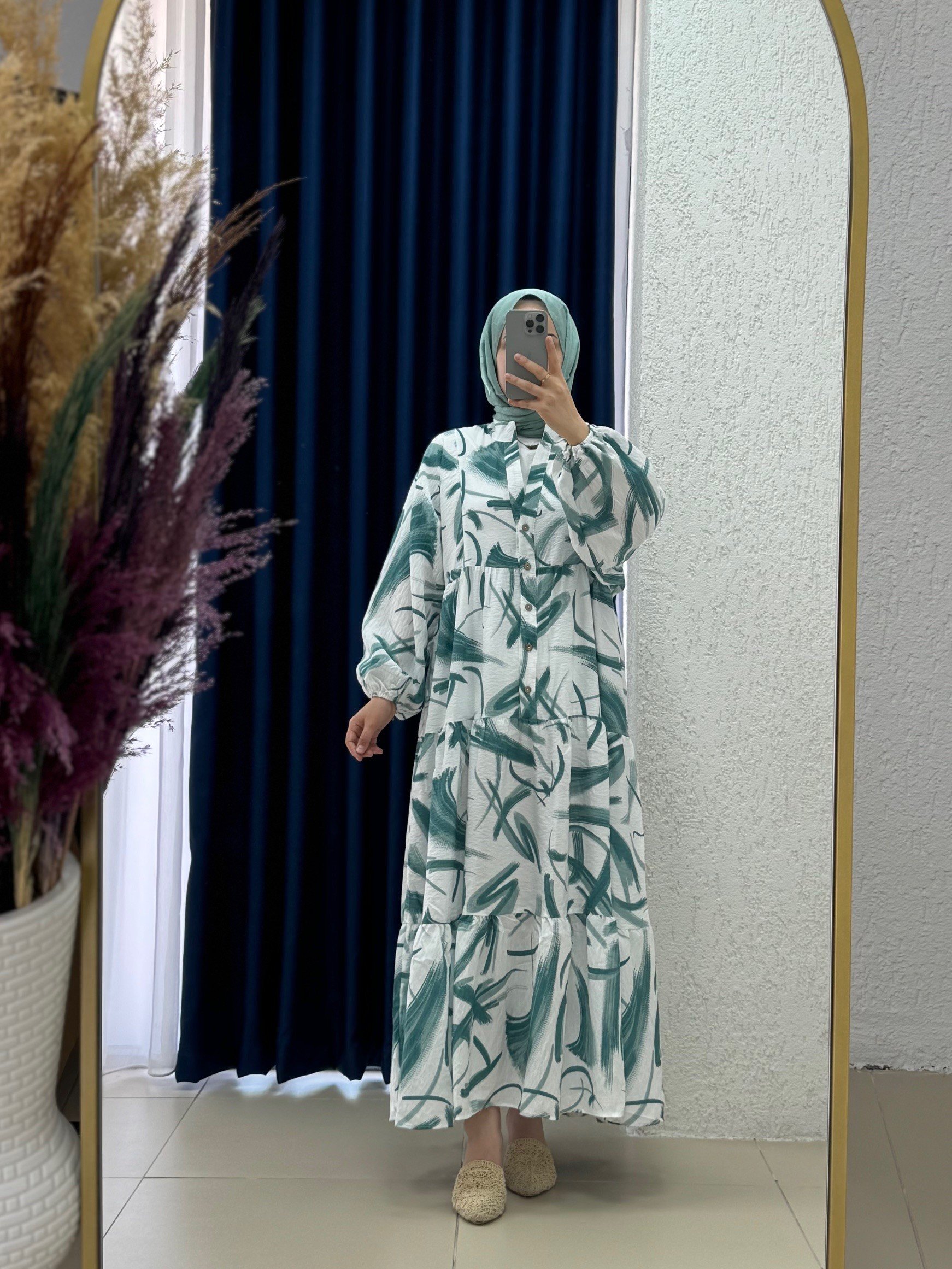 Serina Desenli Elbise-SA2559 Su Yeşili