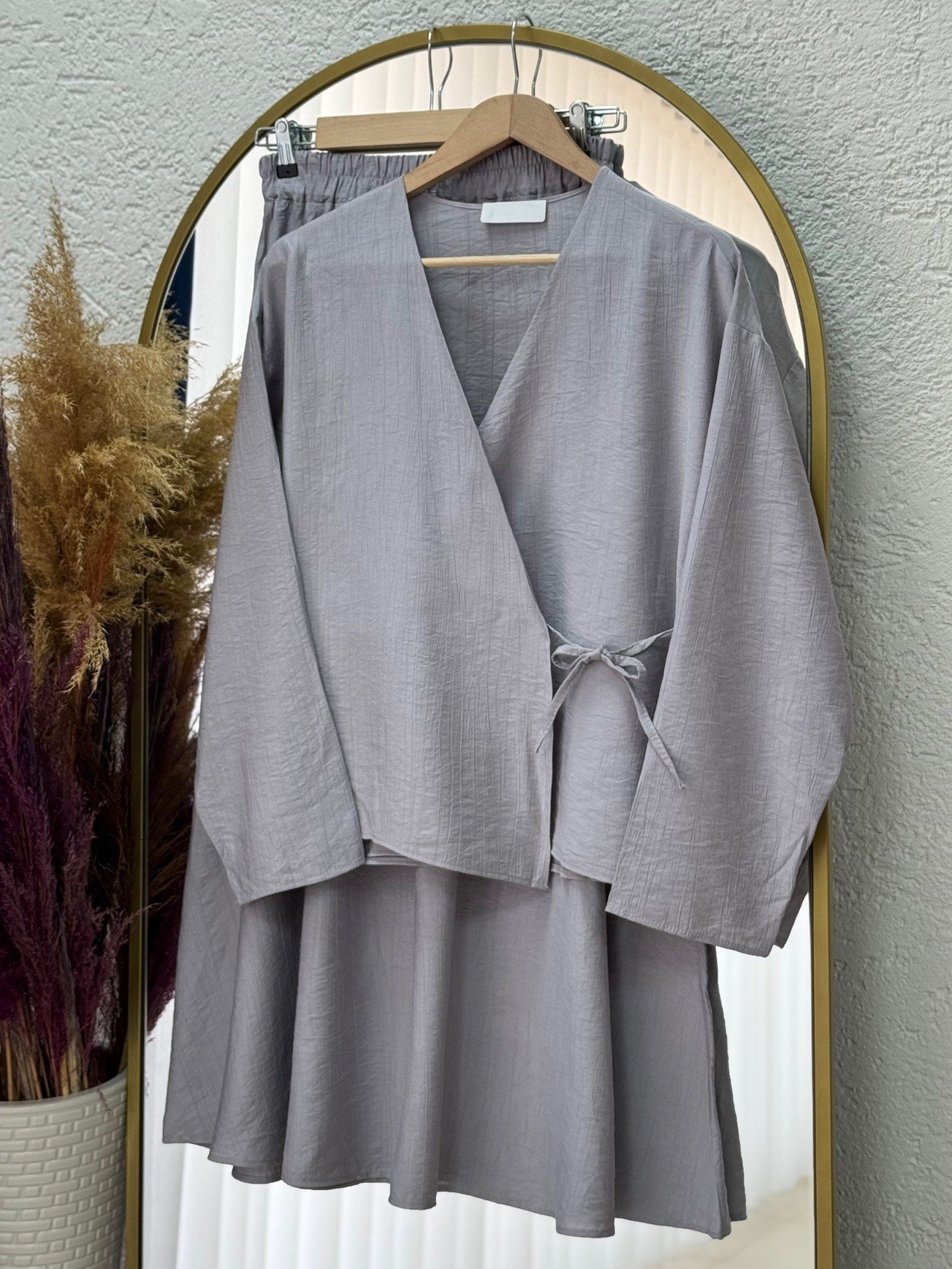 Serona Üstü Kimono Etekli Çilek Takım-EK556-AS079 Gri