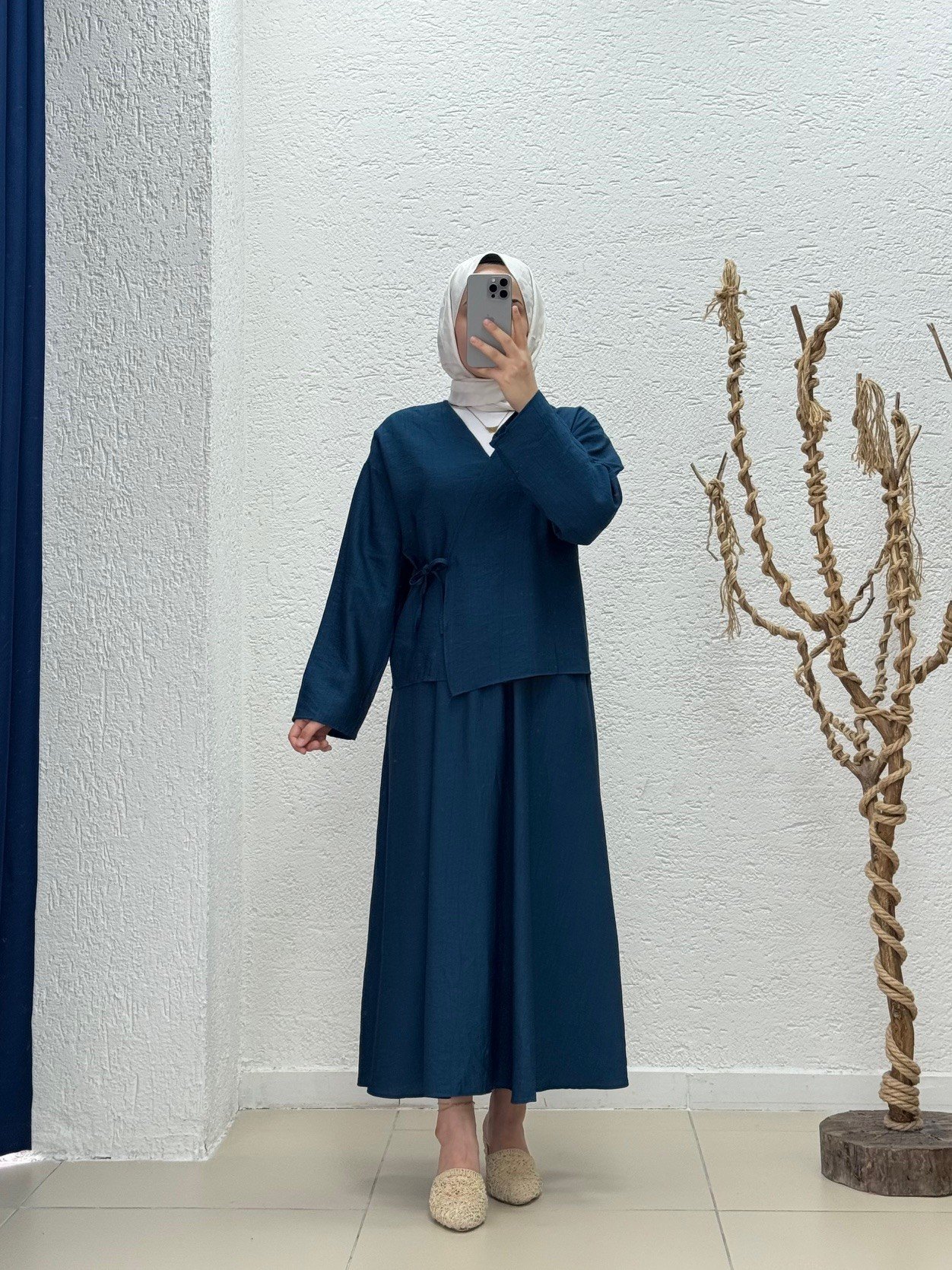 Serona Üstü Kimono Etekli Çilek Takım-EK556-AS079 Petrol Mavisi