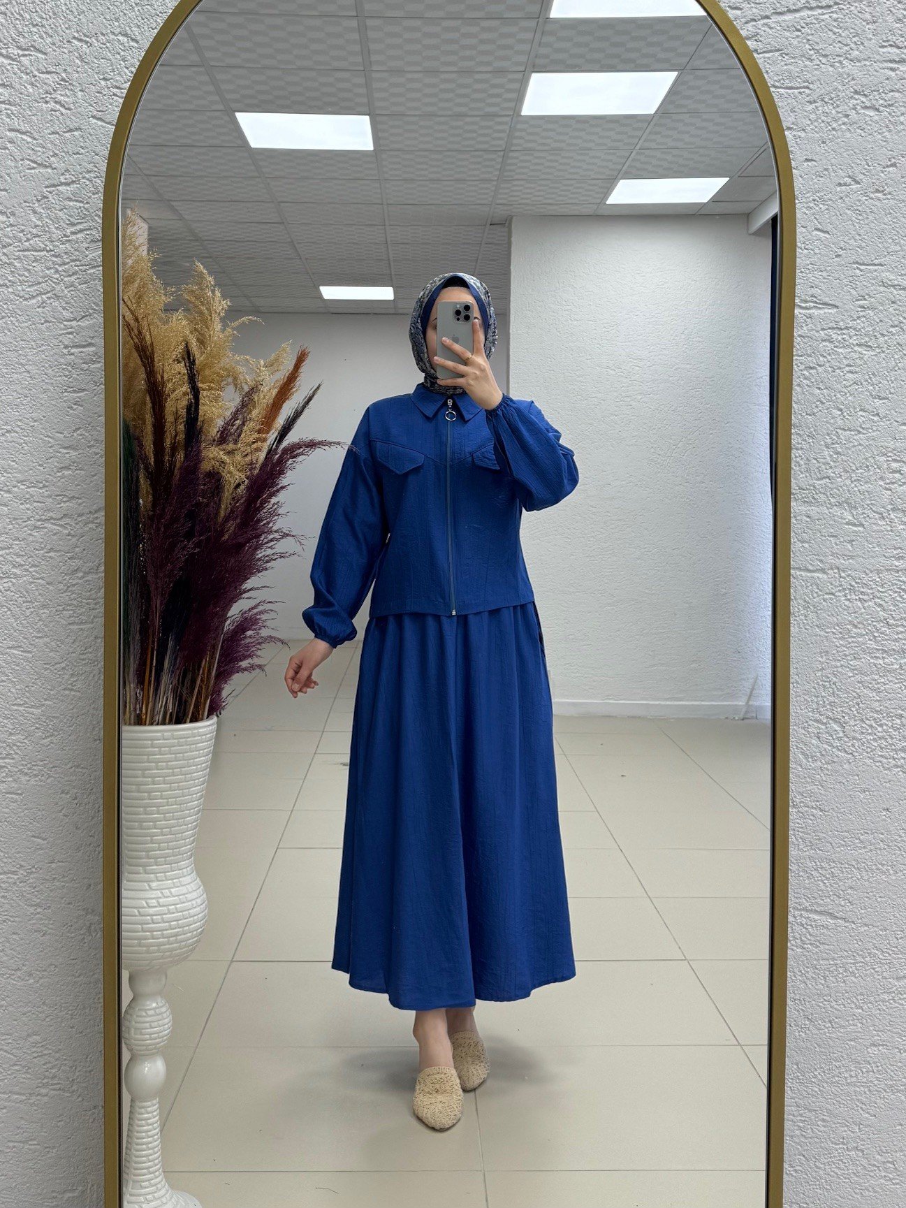 Sofya Çilek Fermuarlı Etekli Cepli Takım-NA3390 Saks