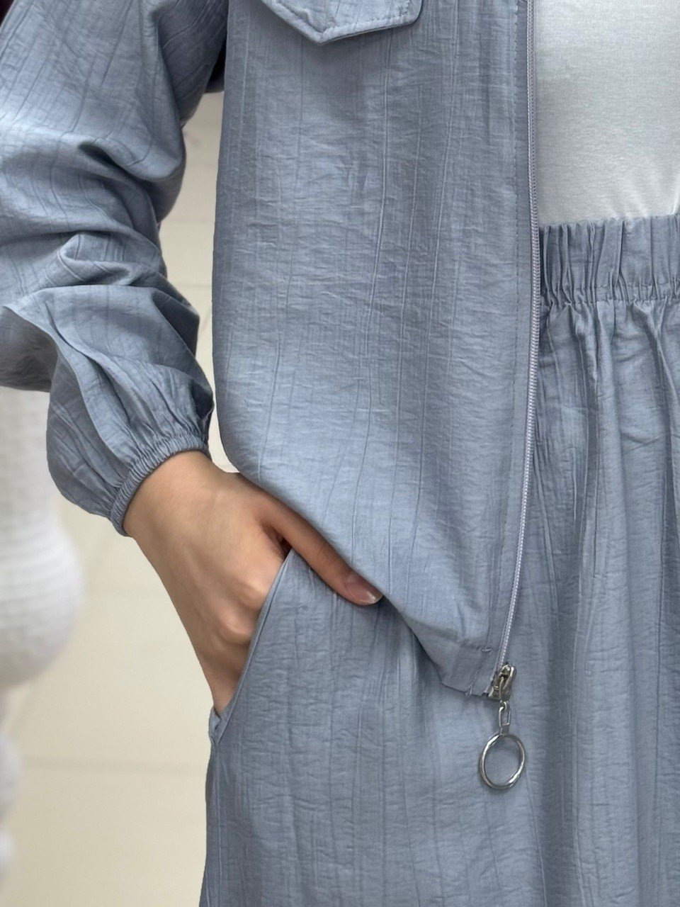 Sofya Çilek Fermuarlı Etekli Cepli Takım-NA3390 Gri