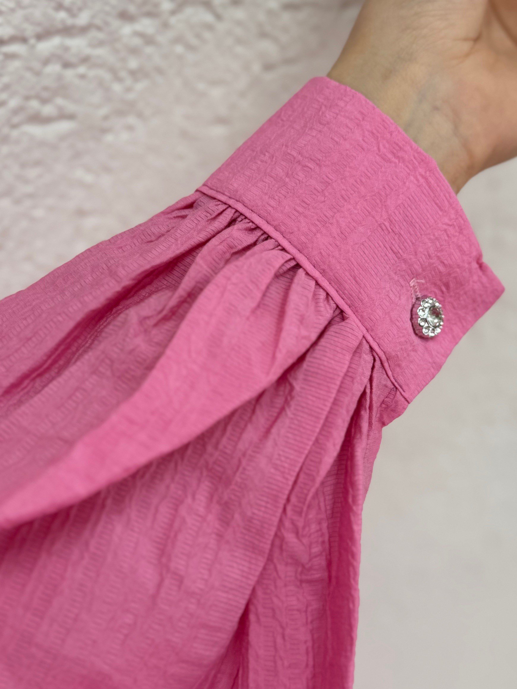 Sorera Yarım Patlı Yaka Dantelli Gofre Elbise-AY8625 Pembe