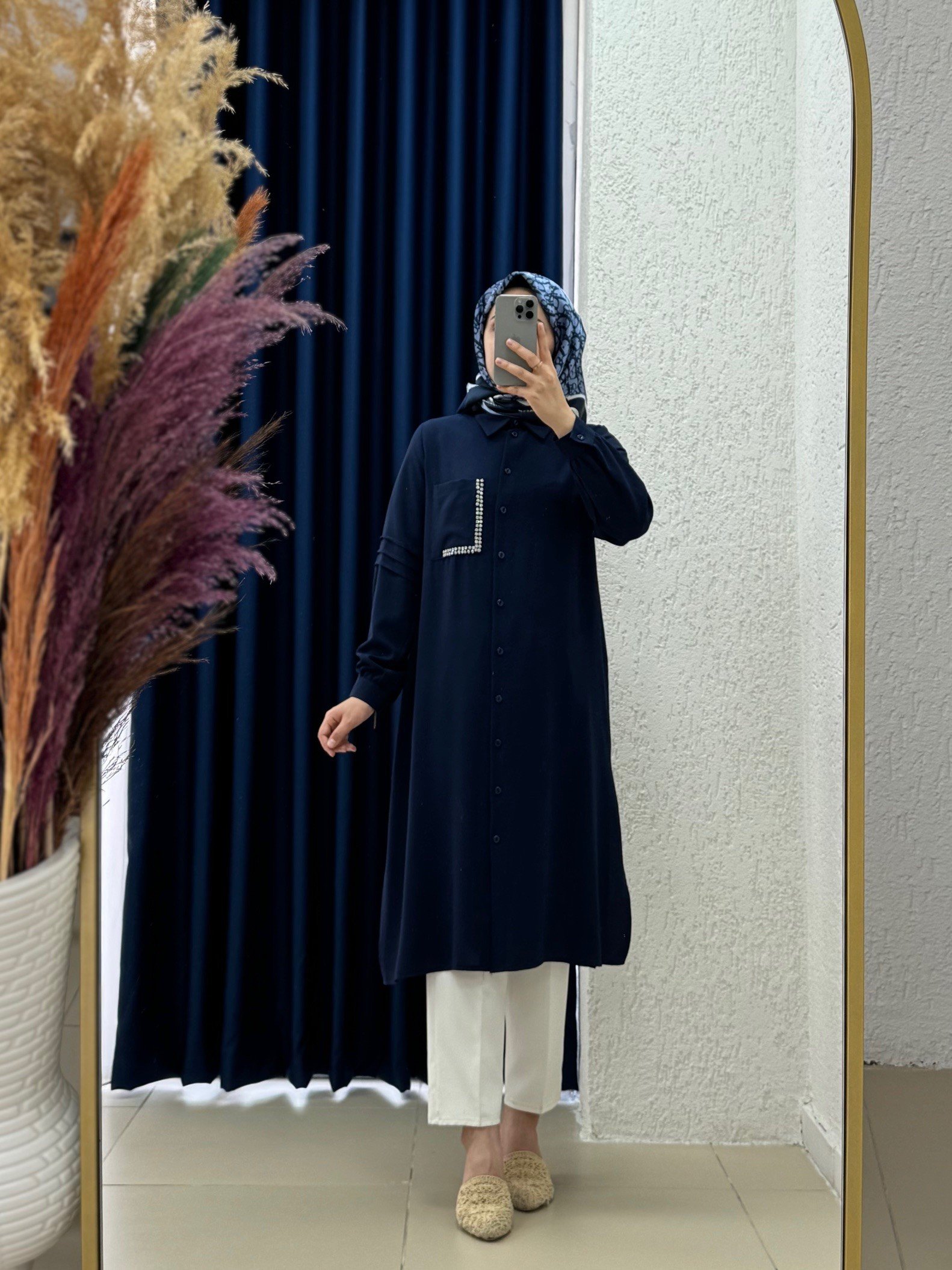 Vesesya Kolları Nervürlü Cebi Taşlı Tunik-EL1759 Lacivert