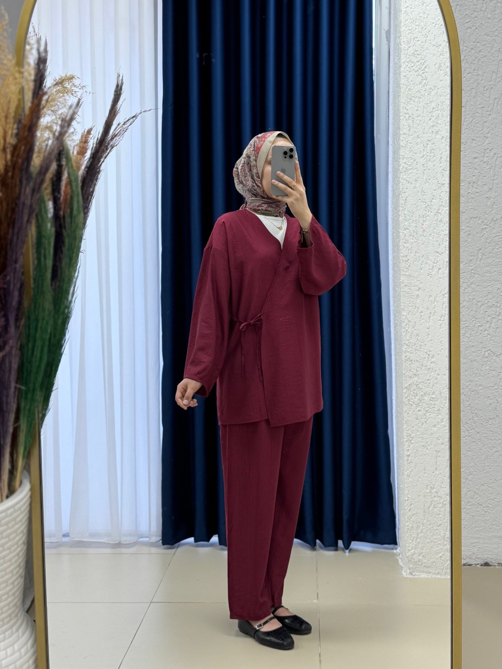 Vinmora Yandan Bağlamalı Kimonolu Çilek Pantolonlu Takım-EK544 Bordo