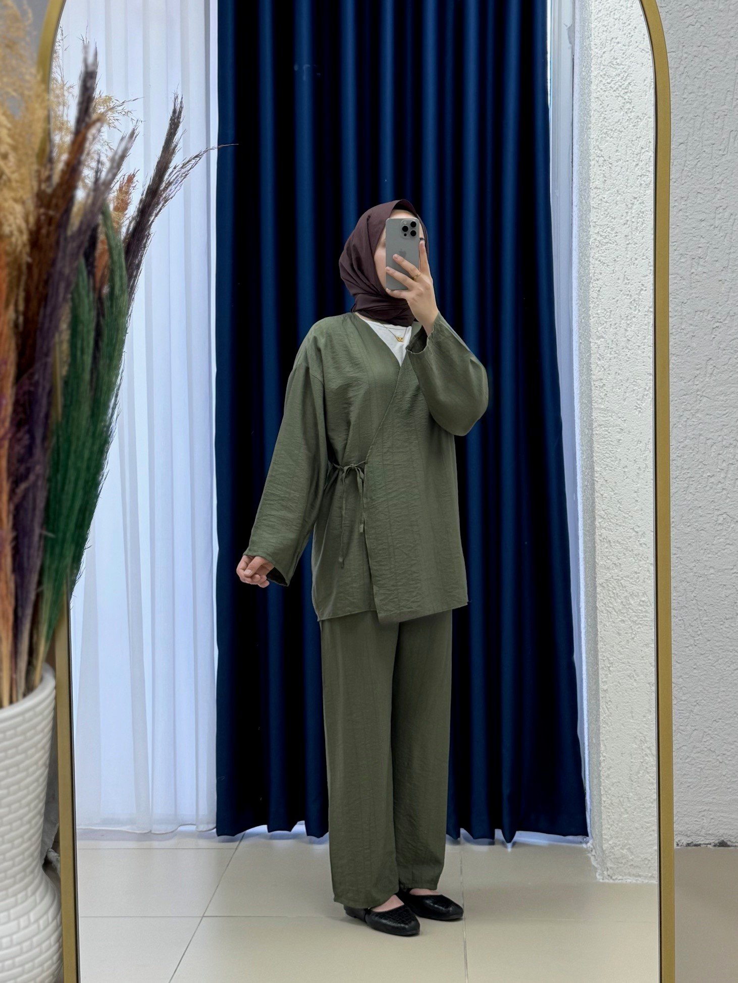 Vinmora Yandan Bağlamalı Kimonolu Çilek Pantolonlu Takım-EK544 Haki