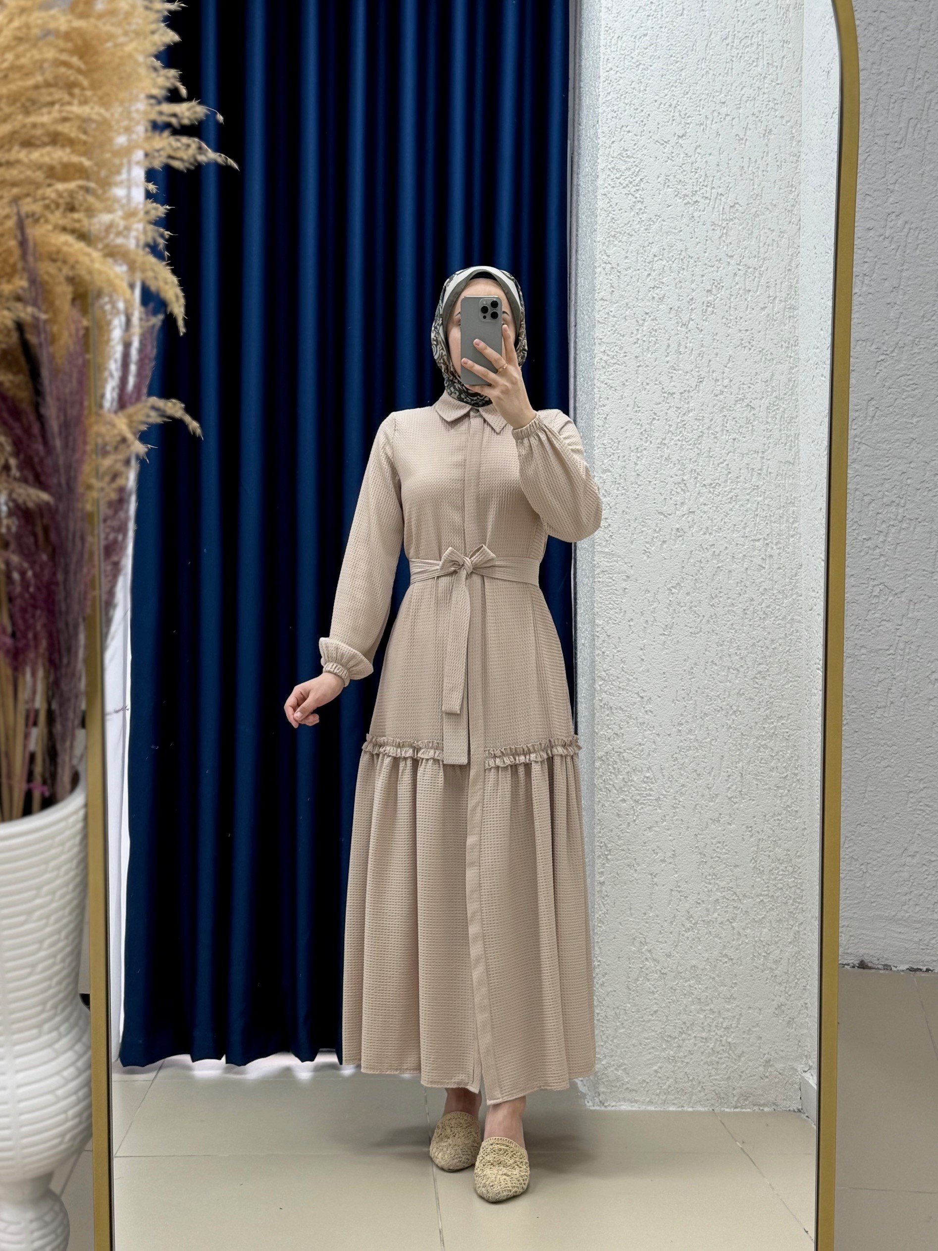 Vinyla Gizli Patlı Gofre Elbise-BY9766 Taş