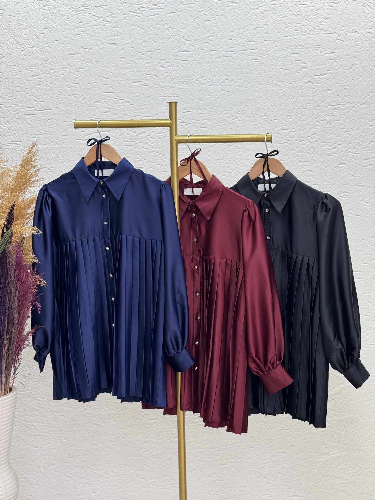 Yağmur Eteği Piliseli Saten Gömlek-EL1880 Siyah