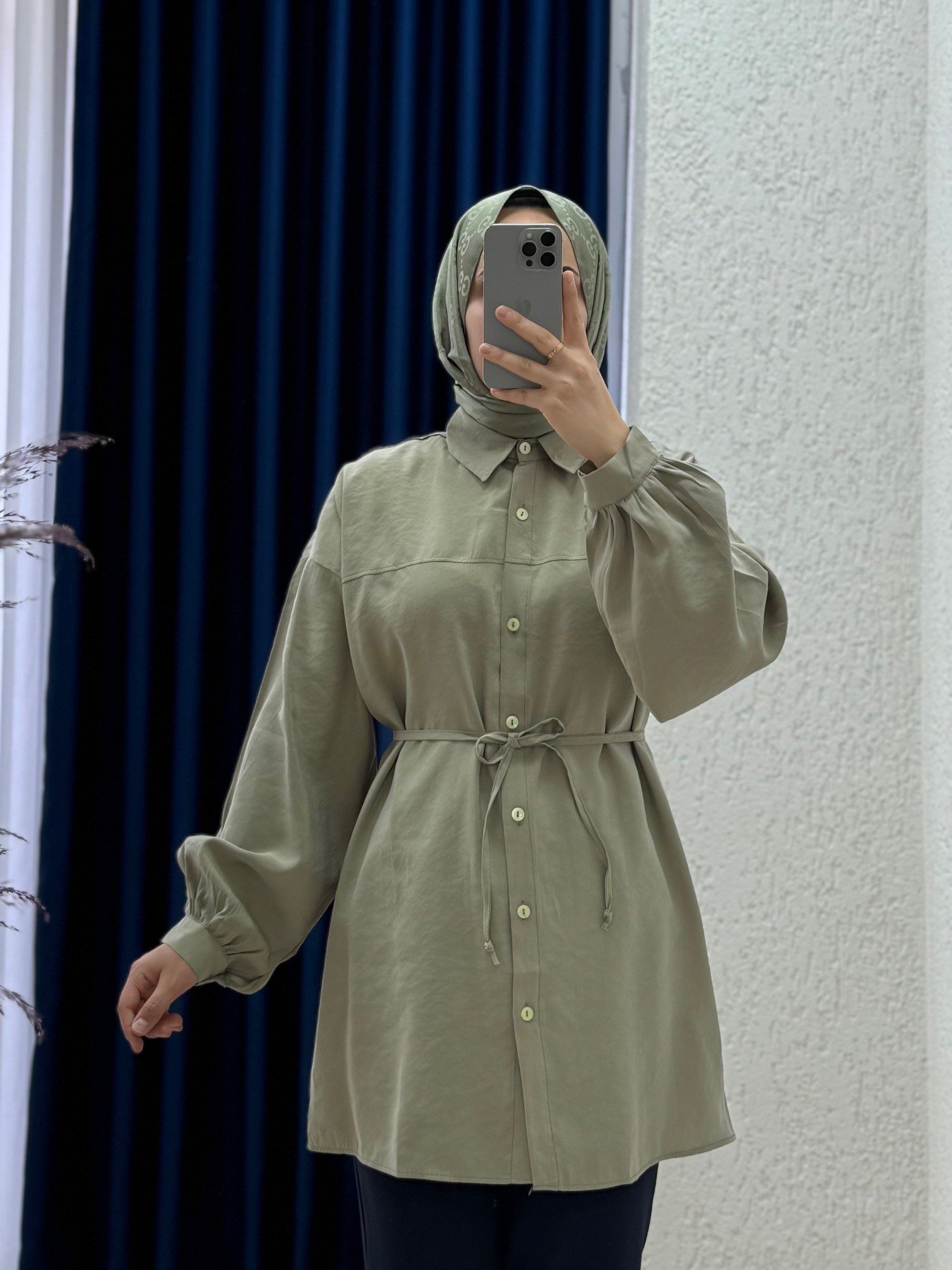 Yelilia Bağcıklı Robalı Modal Gömlek-PE223 Mint