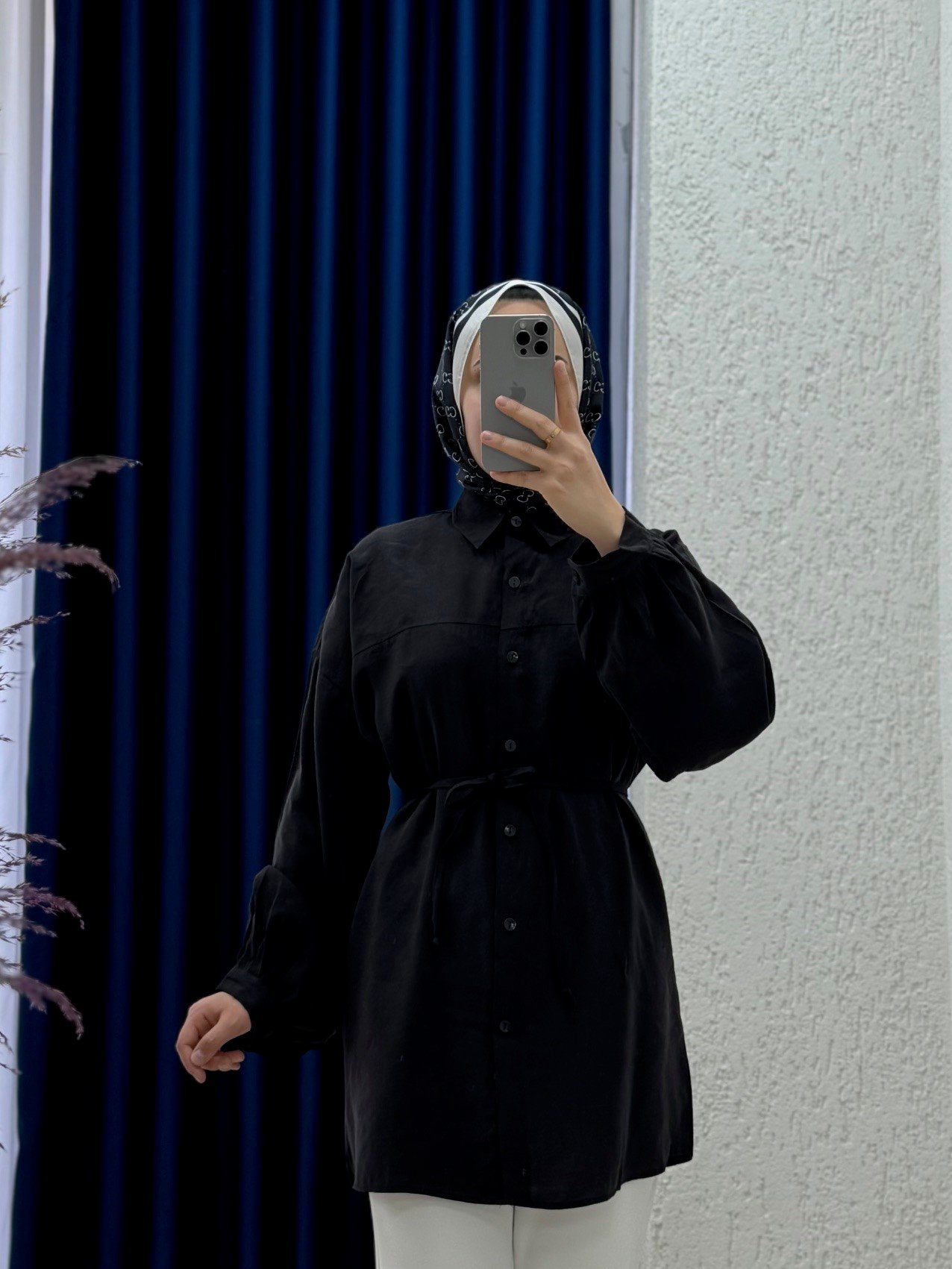 Yelilia Bağcıklı Robalı Modal Gömlek-PE223 Siyah