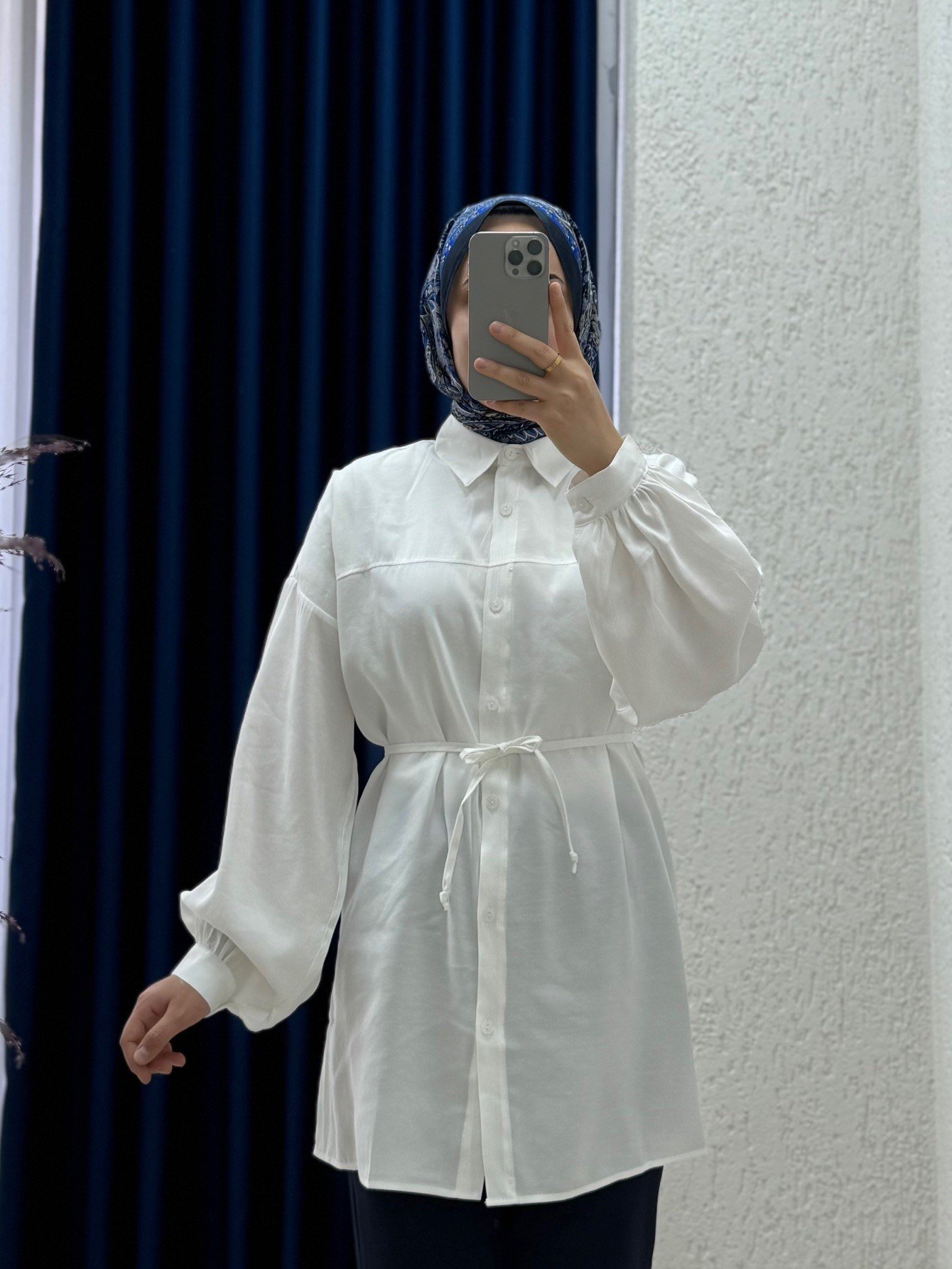 Yelilia Bağcıklı Robalı Modal Gömlek-PE223 Beyaz