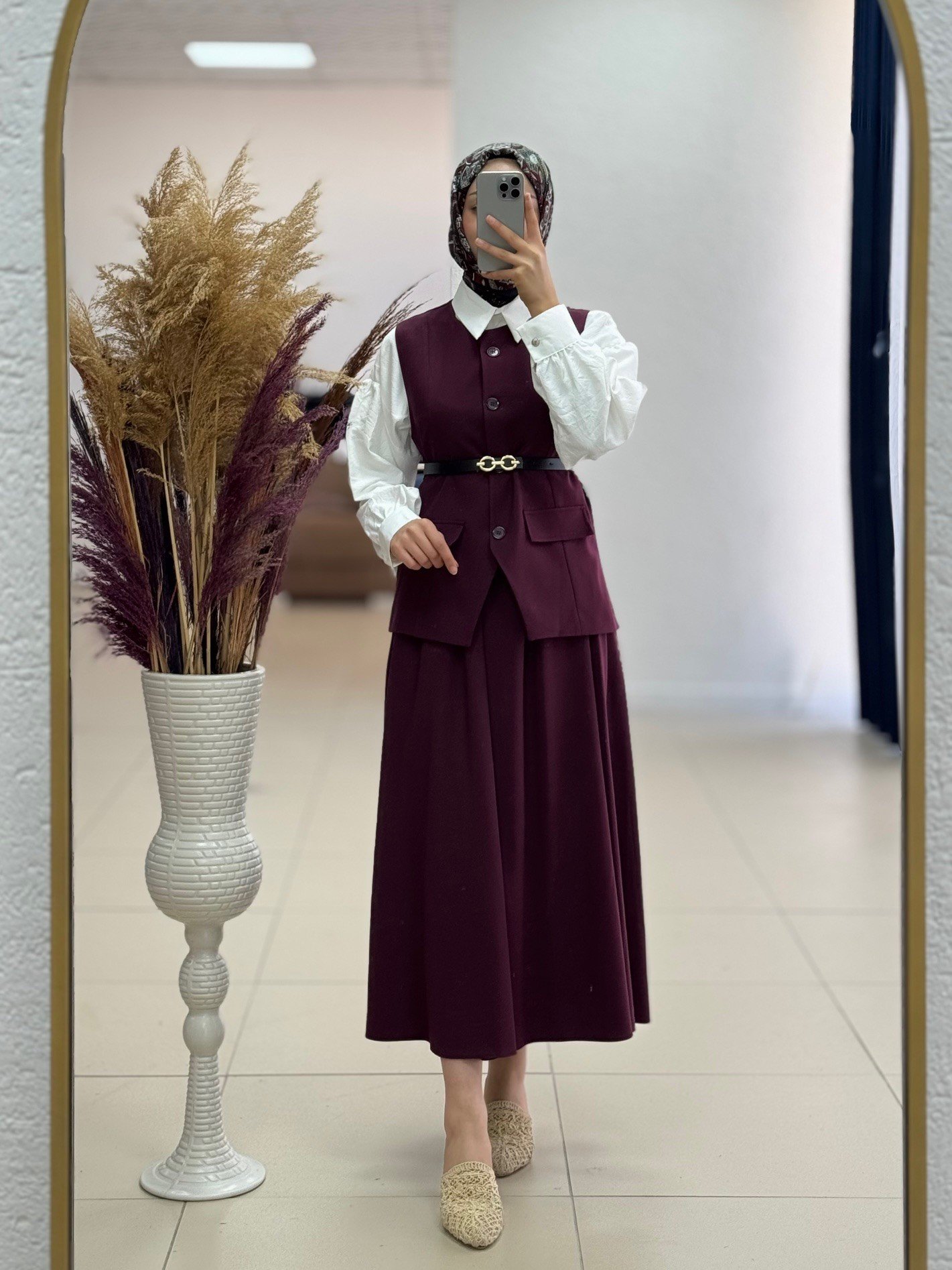 Zenetta Kemeri Zincir Detaylı Astarlı Yelekli İkili Takım-ÜN3000 Bordo