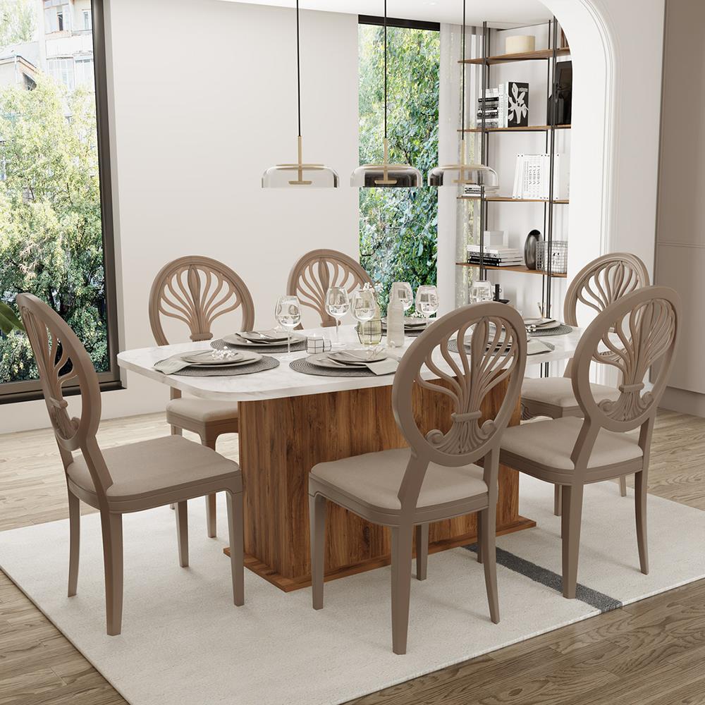 Etna Efes Beyaz Mermer & Lidya Ceviz / Rodos Masa Takımı