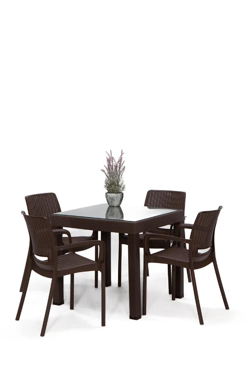 Rattan 80x80 Camlı Masa / Rattan Kollu 4 Adet Sandalye Bahçe Seti - Kahve