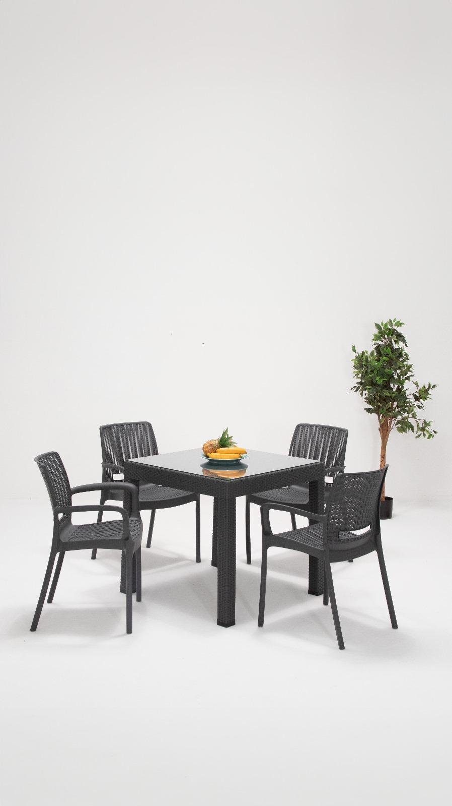 Rattan 80x80 Camlı Masa / Rattan Kollu 4 Adet Sandalye Bahçe Seti - Antrasit