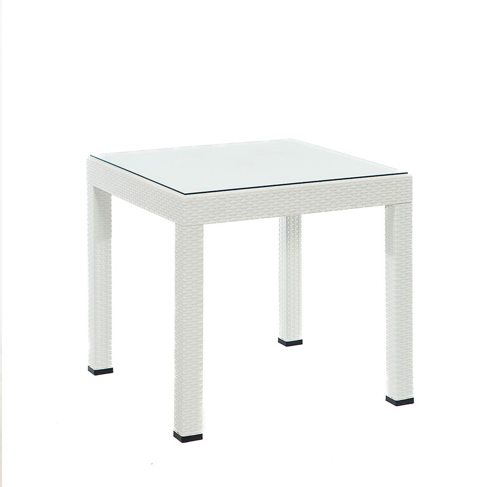 Rattan 80x80 Camlı Masa, Rattan Kollu 4 Adet Sandalye Bahçe Seti, Beyaz