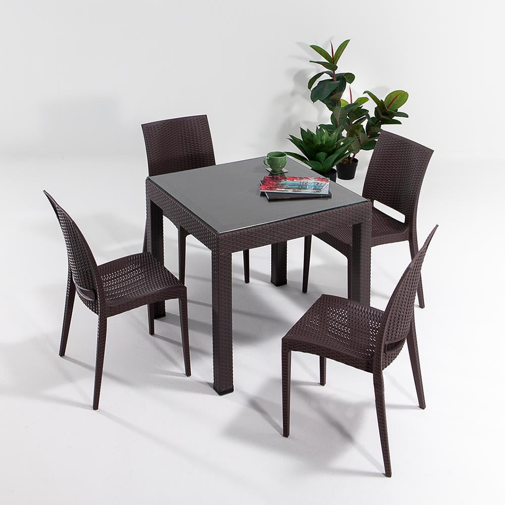 Rattan 80x80 Camlı Masa, Rattan Kolsuz 4 Adet Sandalye Bahçe Seti, Kahve