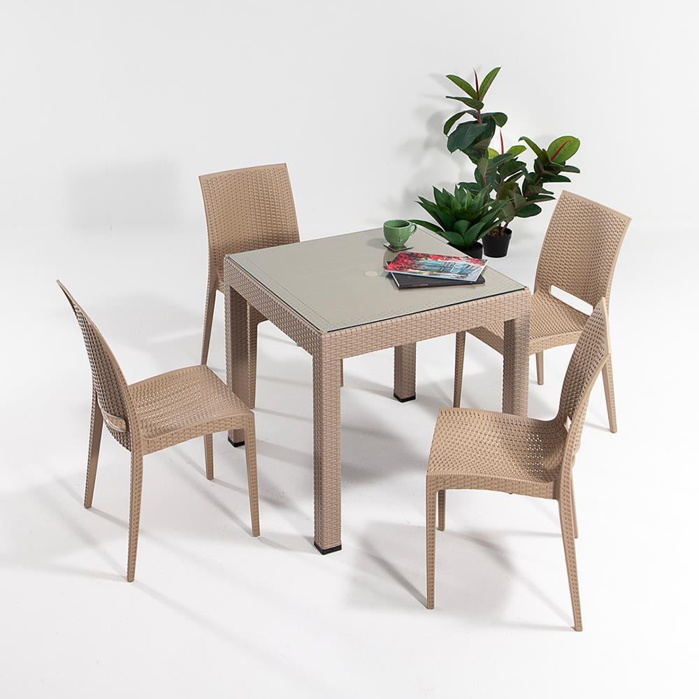 Rattan 80x80 Camlı Masa, Rattan Kolsuz 4 Adet Sandalye Bahçe Seti, Cappucino
