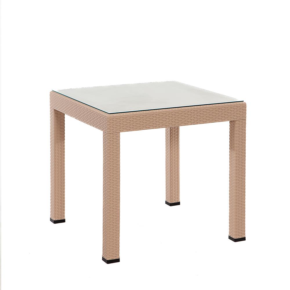 Rattan 80x80 Camlı Masa, Rattan Kolsuz 4 Adet Sandalye Bahçe Seti, Cappucino