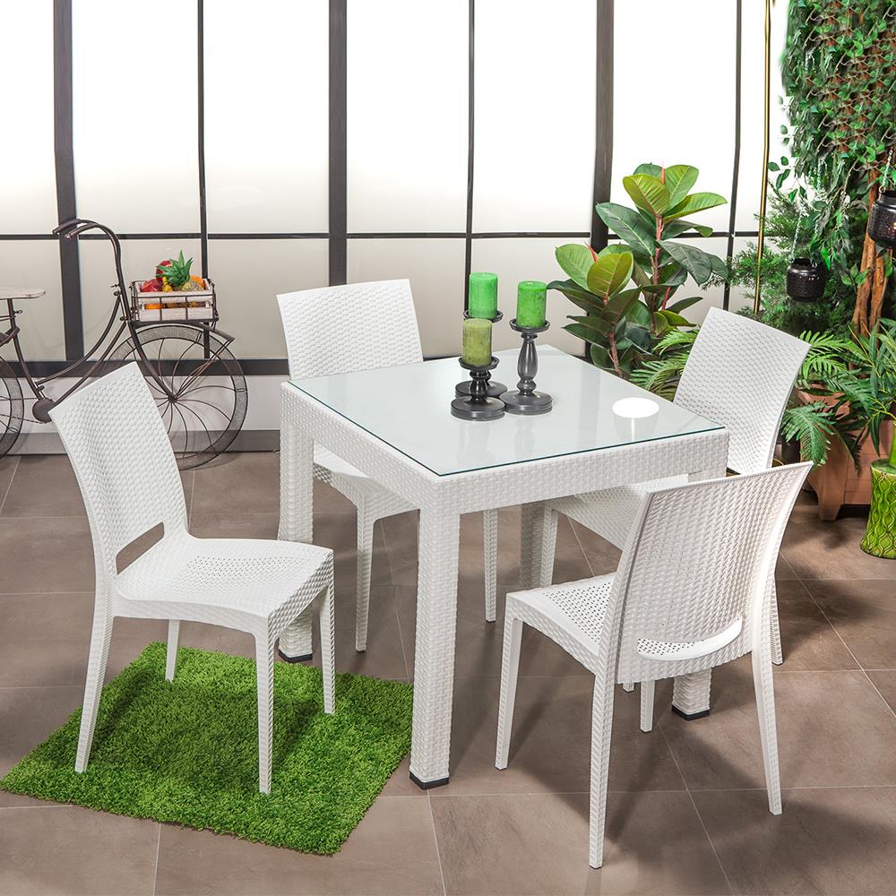 Rattan 80x80 Camlı Masa, Rattan Kolsuz 4 Adet Sandalye Bahçe Seti, Beyaz
