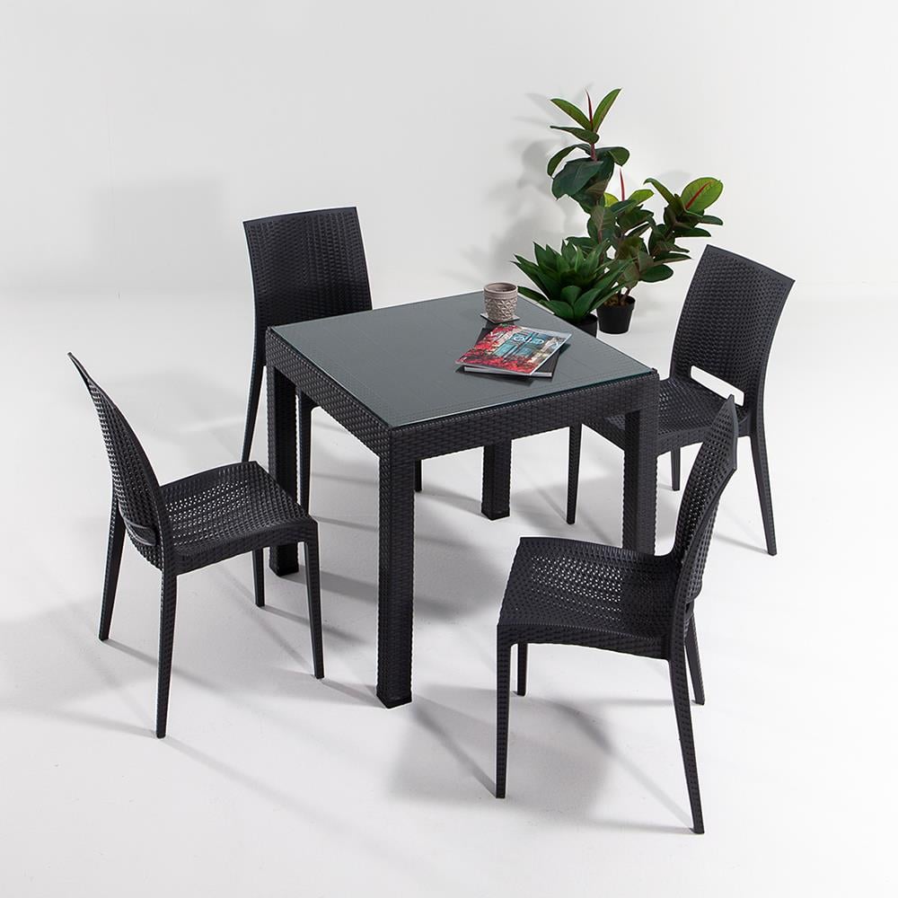 Rattan 80x80 Camlı Masa, Rattan Kolsuz 4 Adet Sandalye Bahçe Seti, Antrasit