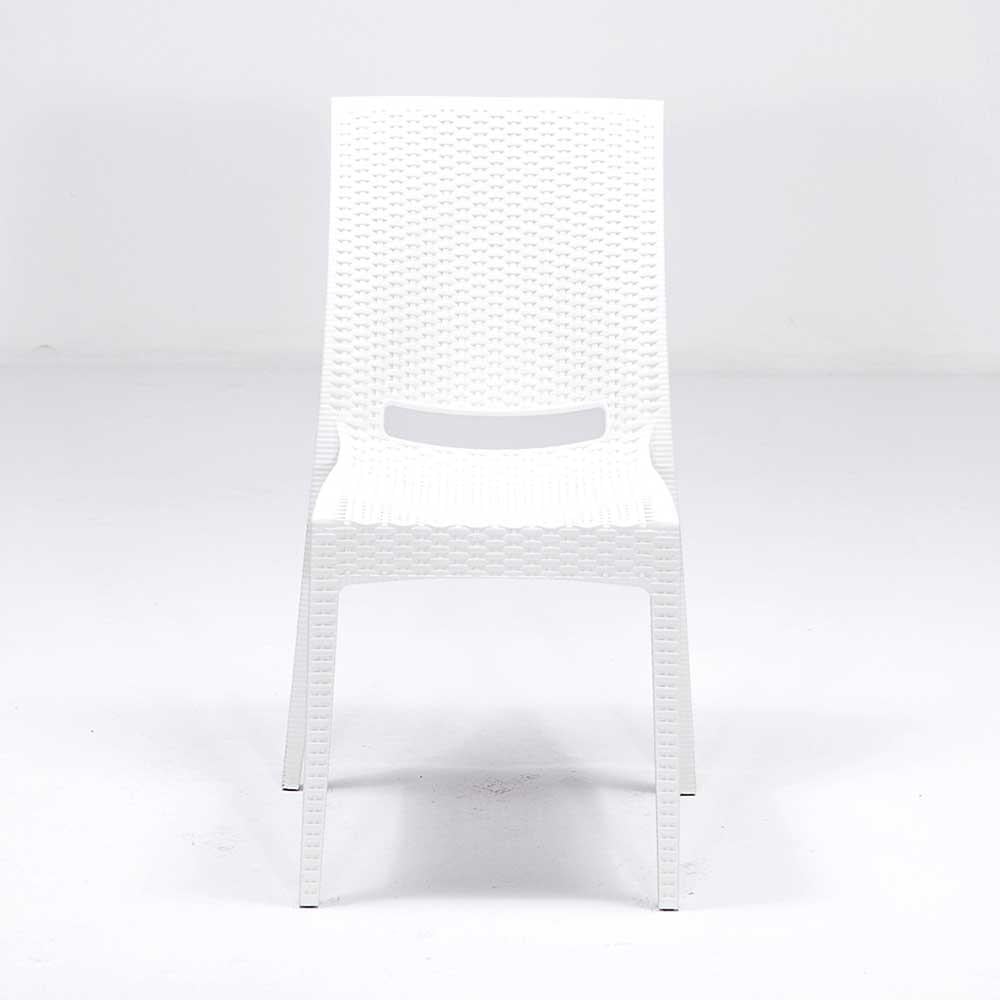 Rattan 80x80 Camlı Masa, Rattan Kolsuz 4 Adet Sandalye Bahçe Seti, Beyaz