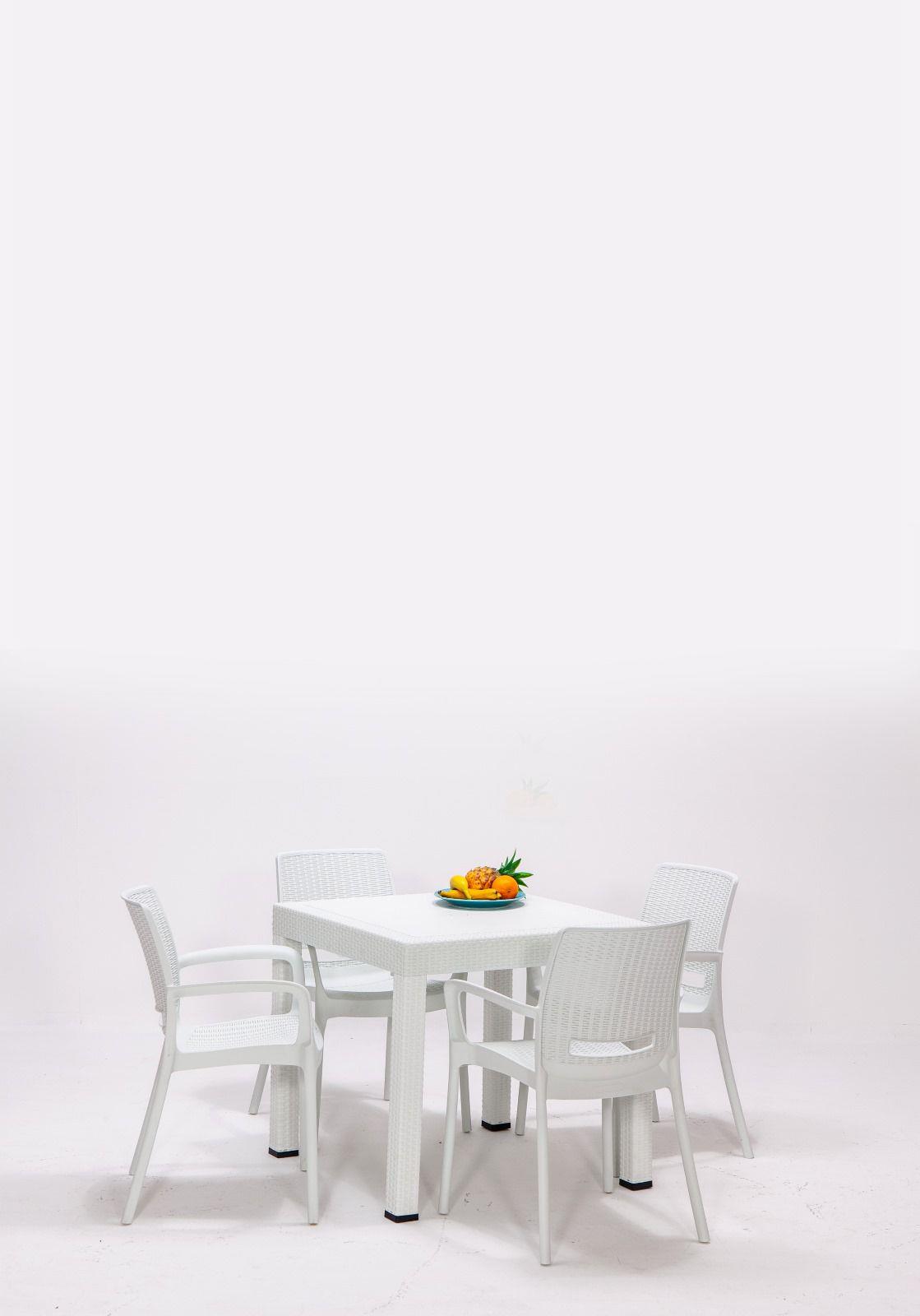 Rattan 80x80 Camsız Masa, Rattan Kollu 4 Adet Sandalye Bahçe Seti, Beyaz