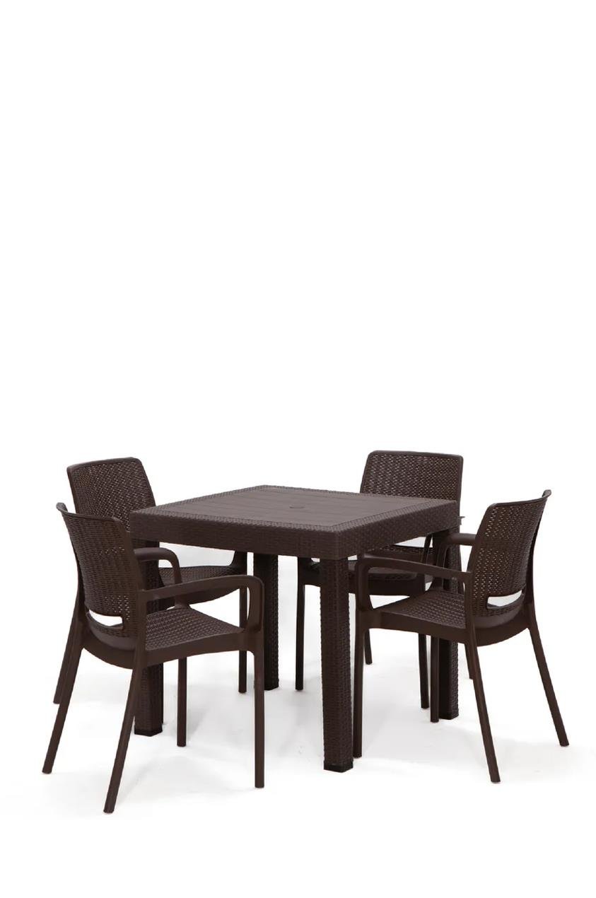 Rattan 80x80 Camsız Masa, Rattan Kollu 4 Adet Sandalye Bahçe Seti, Kahve