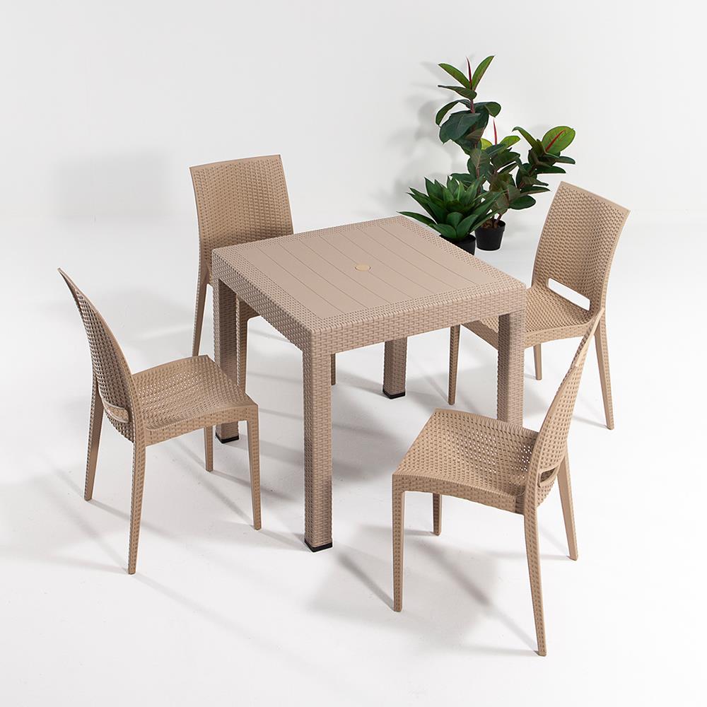 Rattan 80x80 Camsız Masa, Rattan Kolsuz 4 Adet Sandalye Bahçe Seti, Cappucino