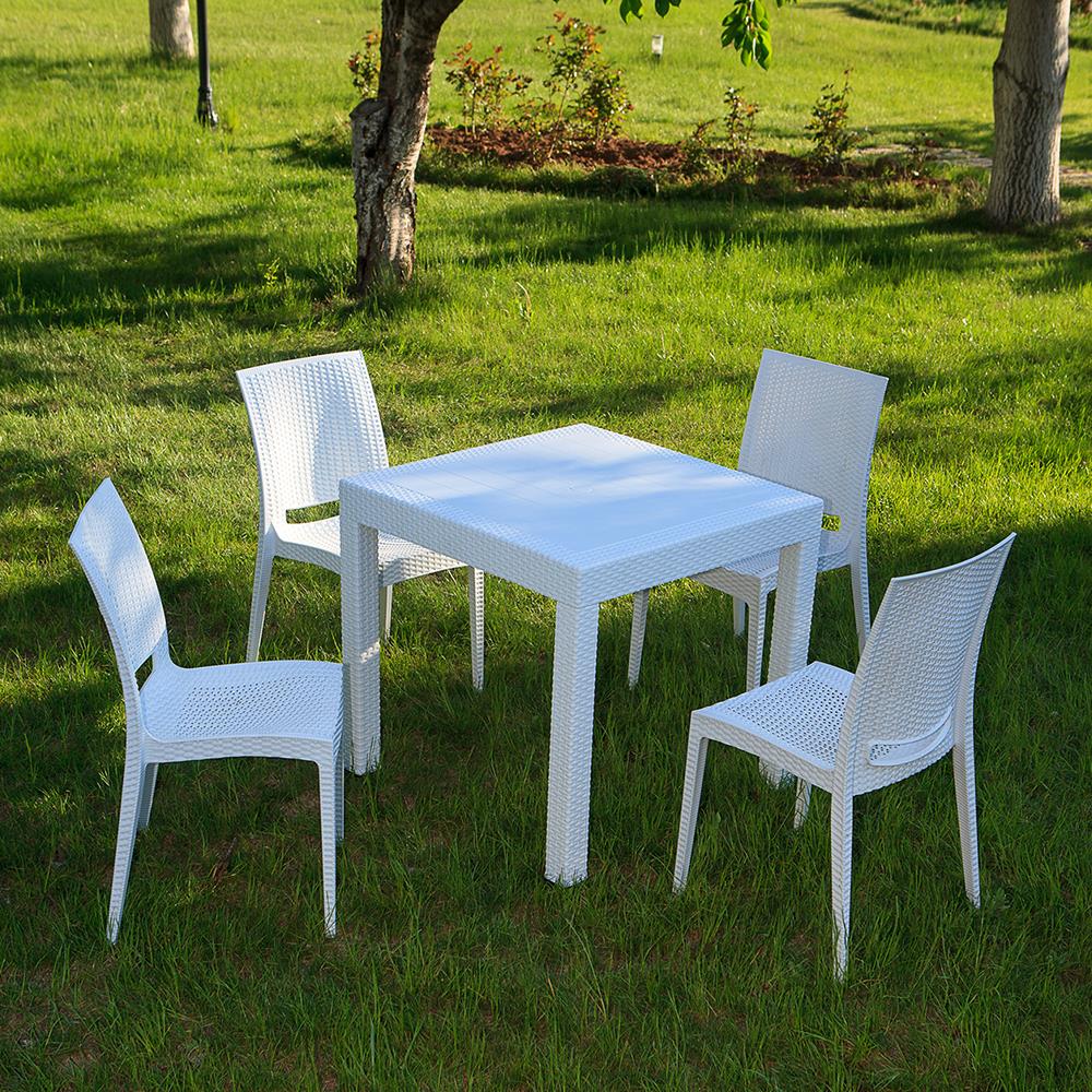 Rattan 80x80 Camsız Masa, Rattan Kolsuz 4 Adet Sandalye Bahçe Seti, Beyaz