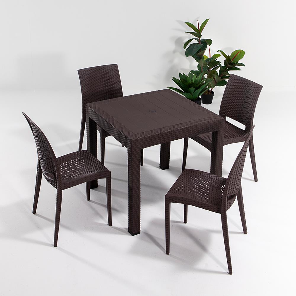 Rattan 80x80 Camsız Masa / Rattan Kolsuz 4 Adet Sandalye Bahçe Seti - Kahve