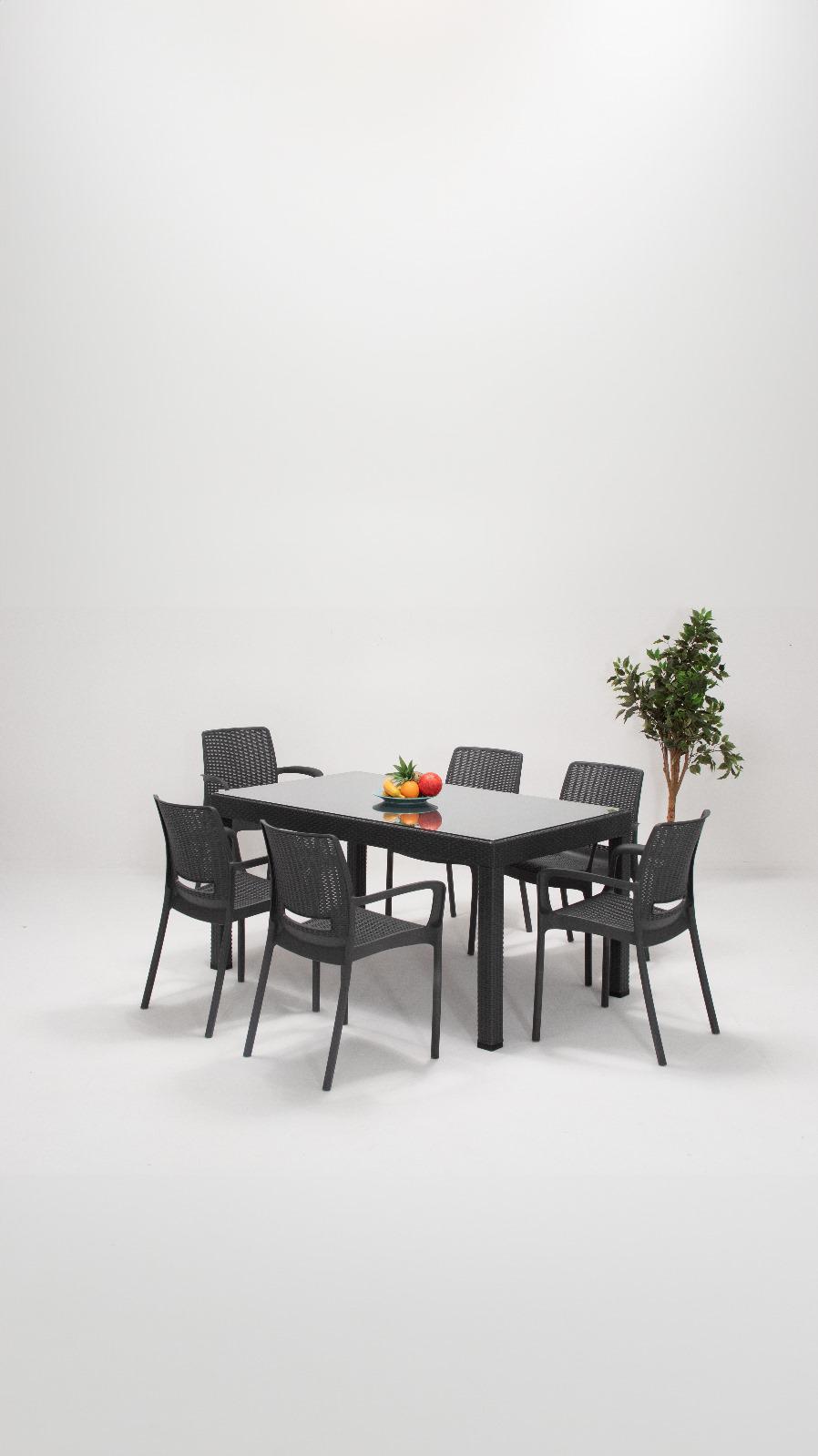 Rattan 90x150 Camlı Masa / Rattan Kollu 6 Adet Sandalye Bahçe Seti - Antrasit