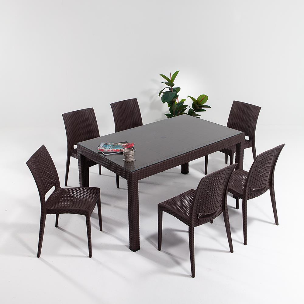 Rattan 90x150 Camlı Masa / Rattan Kolsuz 6 Adet Sandalye Bahçe Seti - Kahve