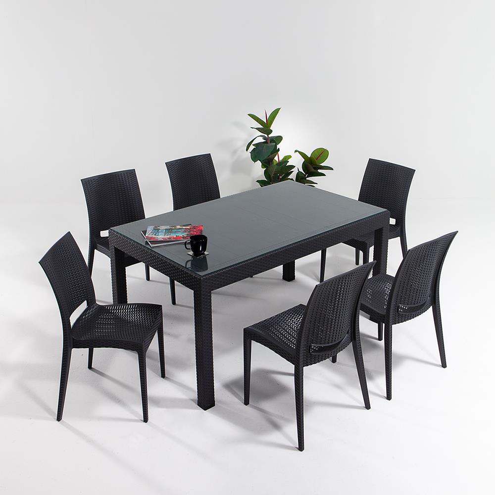 Rattan 90x150 Camlı Masa / Rattan Kolsuz 6 Adet Sandalye Bahçe Seti - Antrasit