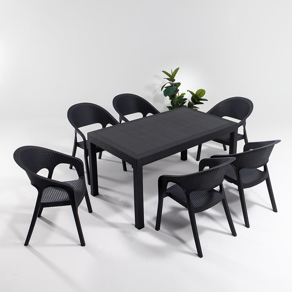 Rattan 90x150 Camsız Masa, Garden 6 Adet Sandalye Bahçe Seti, Antrasit