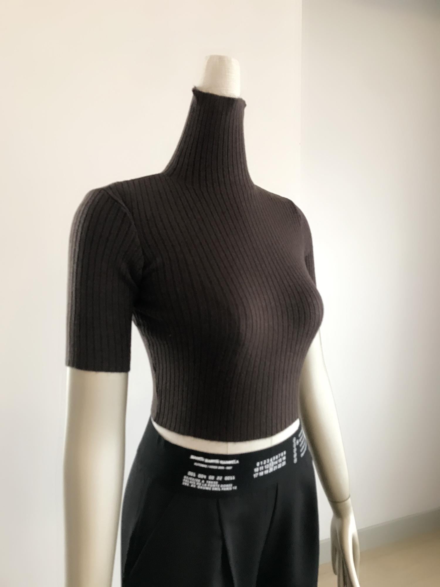 Balıkçı Yaka Kısa Kollu Kahverengi Crop Top