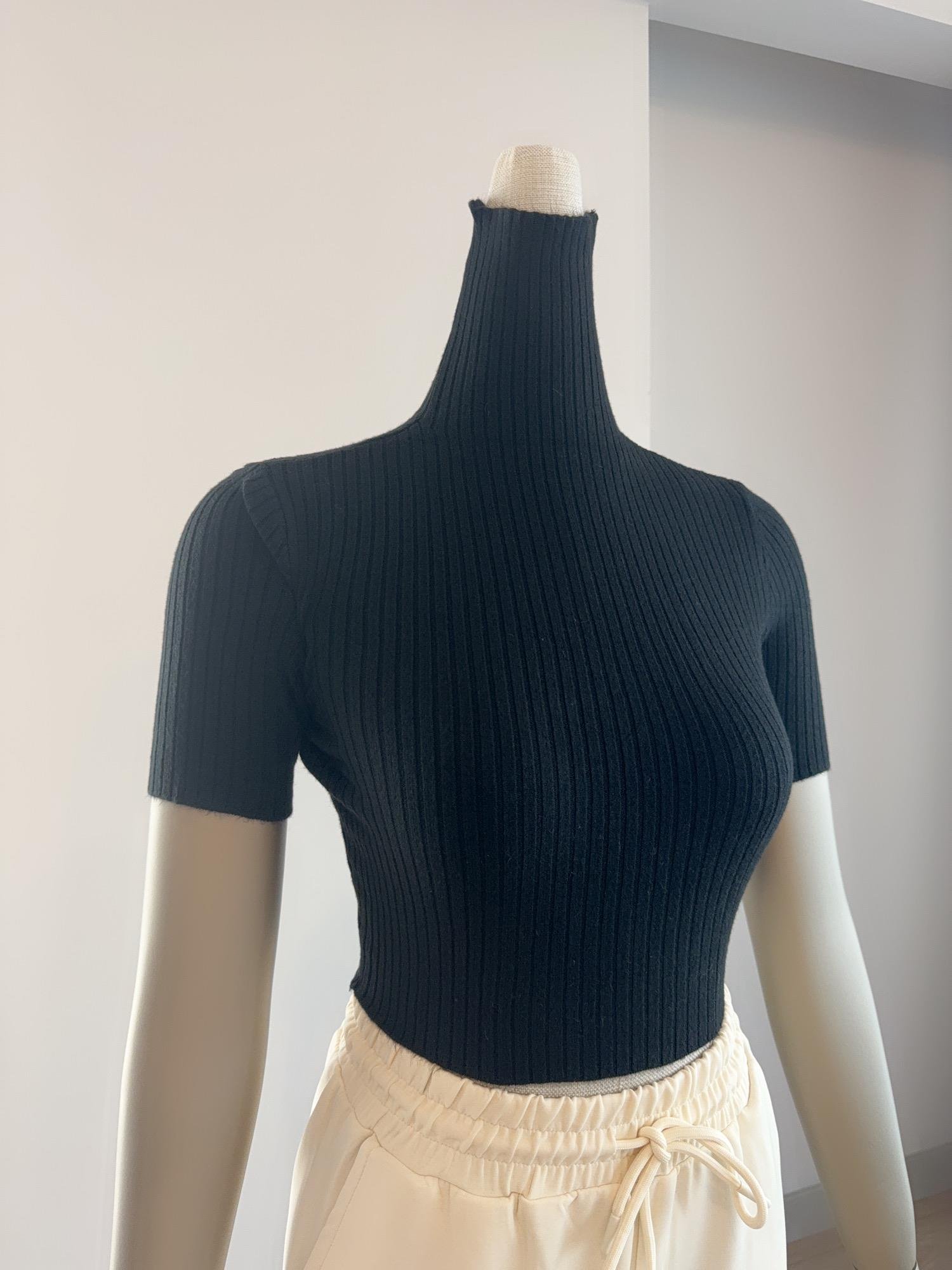 Balıkçı Yaka Siyah Kısa Kollu Triko Crop Top