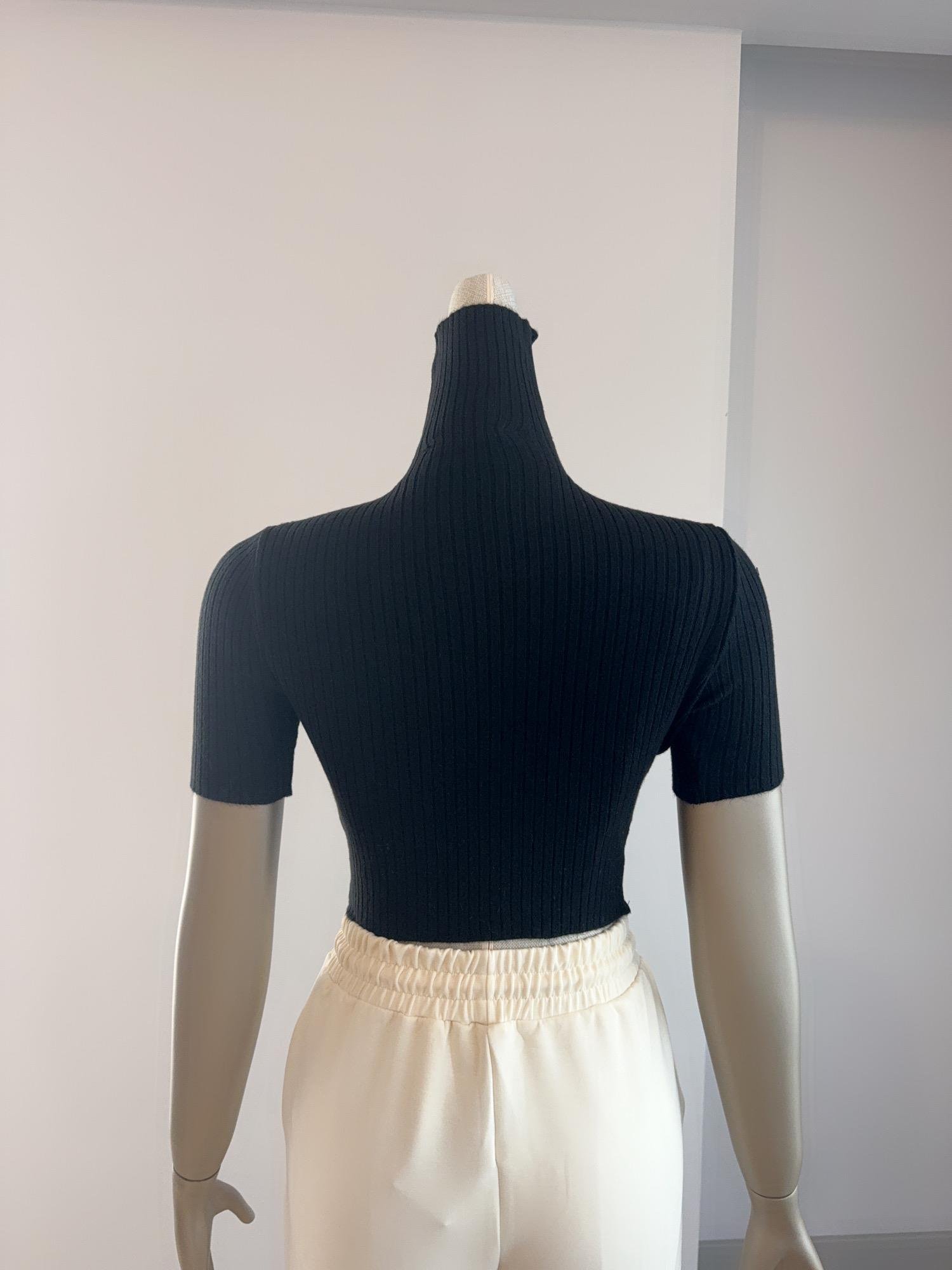Balıkçı Yaka Siyah Kısa Kollu Triko Crop Top