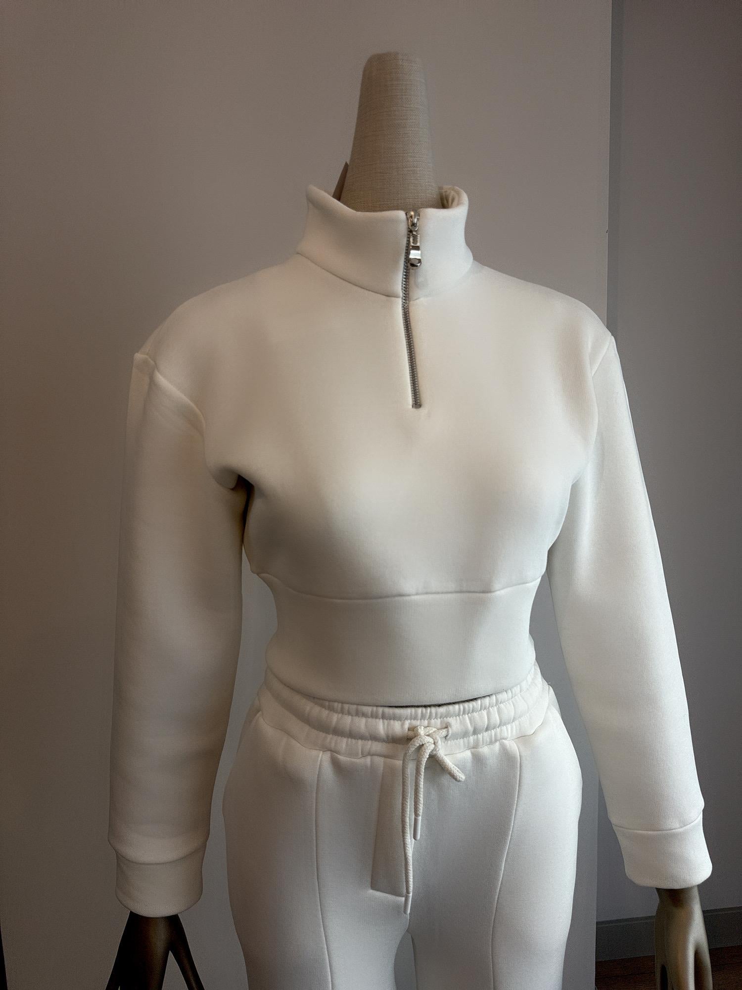 Boyun Fermuar Detaylı Ekru Crop Sweatshirt