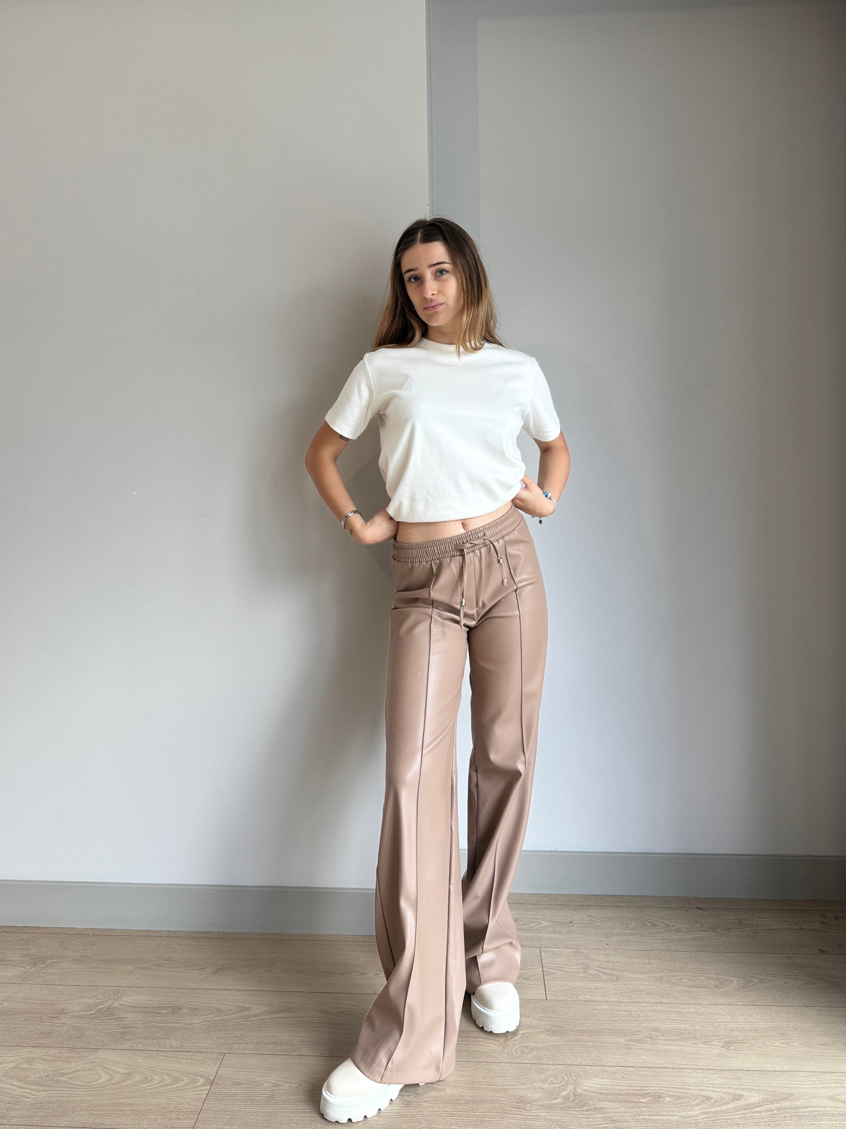 CAMEL BELİ LASTİKLİ İPLİ DERİ PANTOLON
