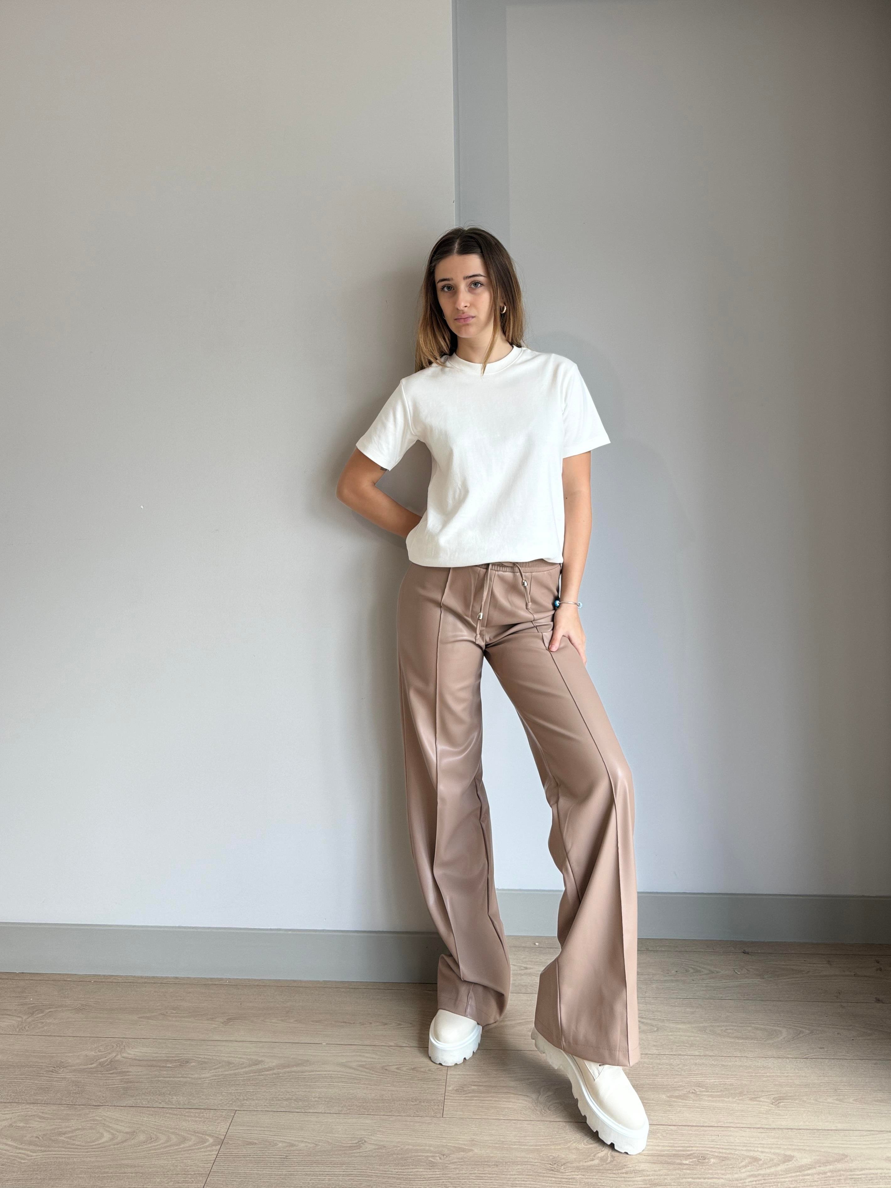 CAMEL BELİ LASTİKLİ İPLİ DERİ PANTOLON