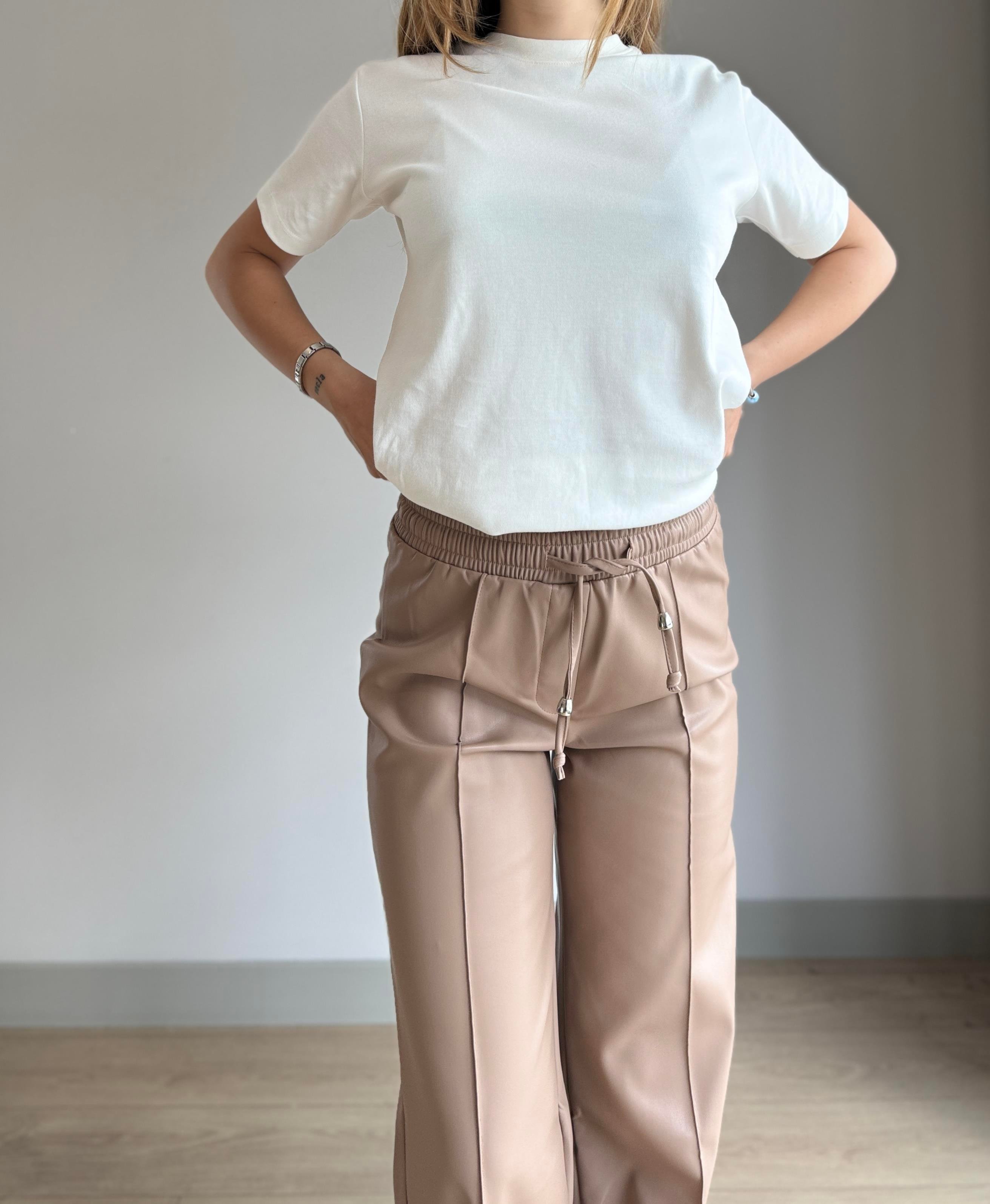 CAMEL BELİ LASTİKLİ İPLİ DERİ PANTOLON