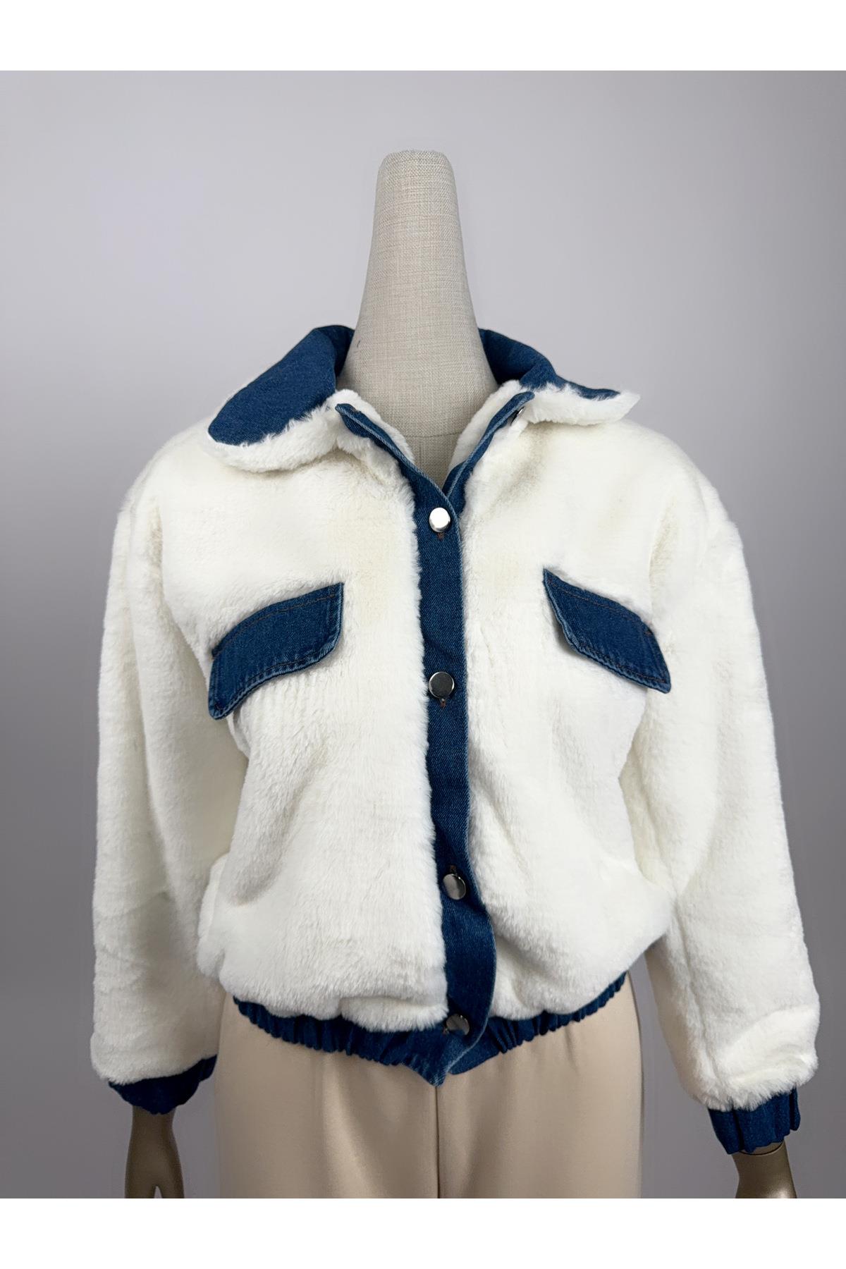 Denim Detay Düğmeli Ekru Peluş Mont