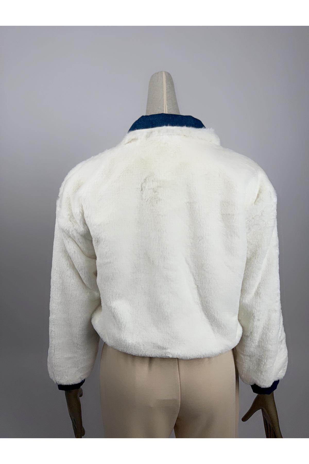 Denim Detay Düğmeli Ekru Peluş Mont