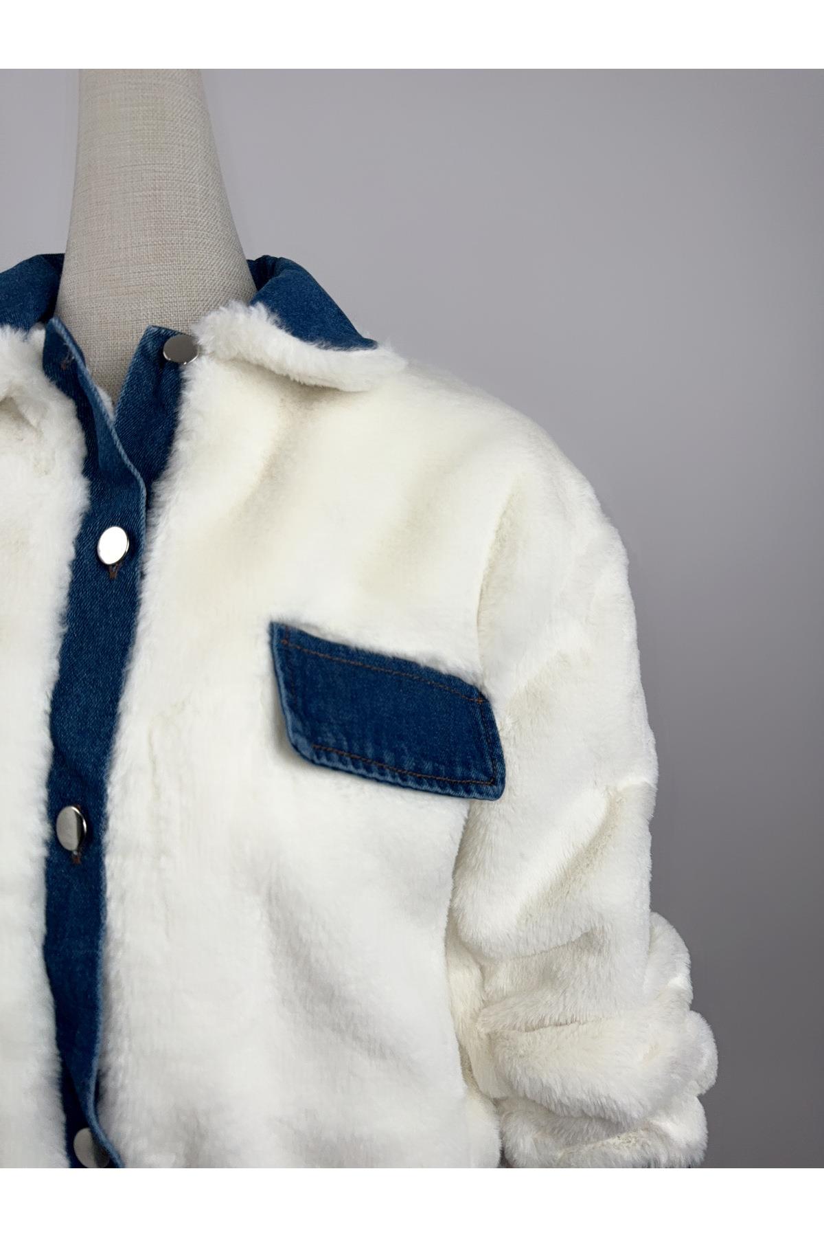 Denim Detay Düğmeli Ekru Peluş Mont