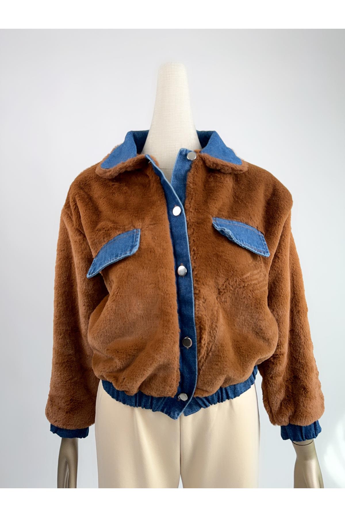 Denim Detay Düğmeli Kahverengi Peluş Mont