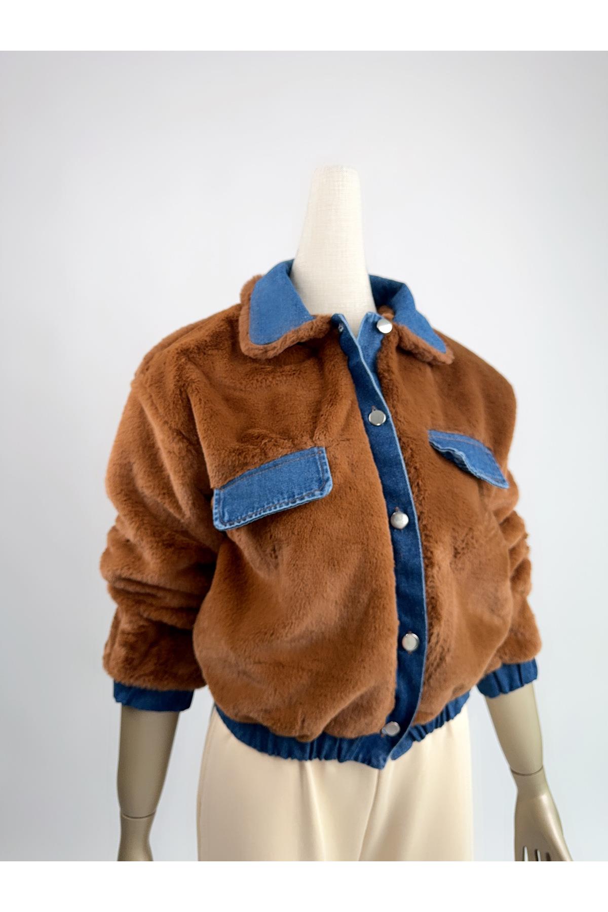 Denim Detay Düğmeli Kahverengi Peluş Mont