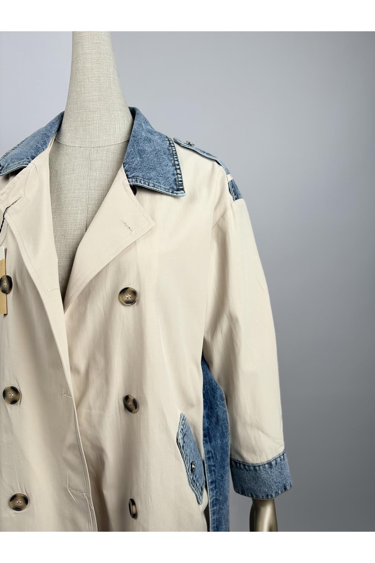 Denim Detay Taş Rengi Cepli Kemerli Trençkot