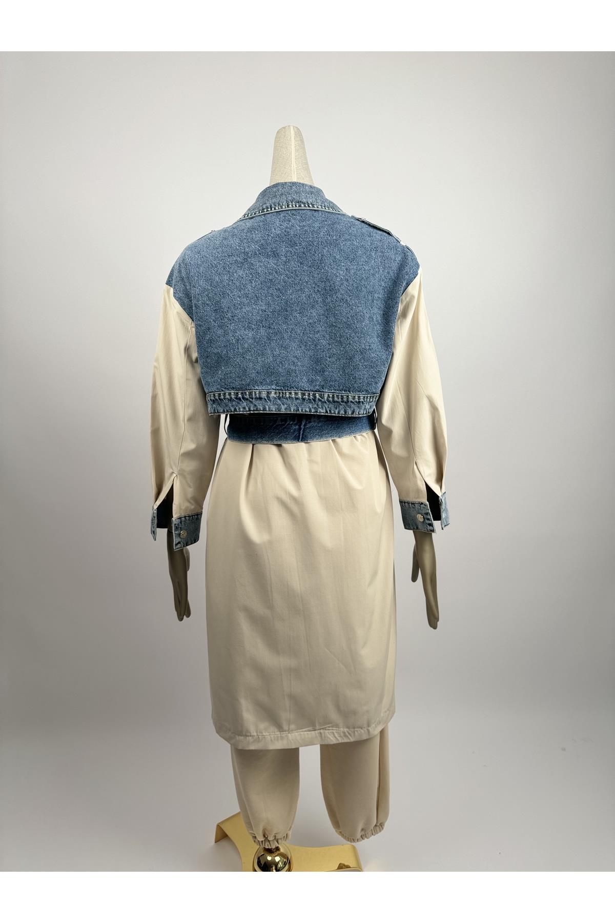 Denim Detay Taş Rengi Cepli Kemerli Trençkot